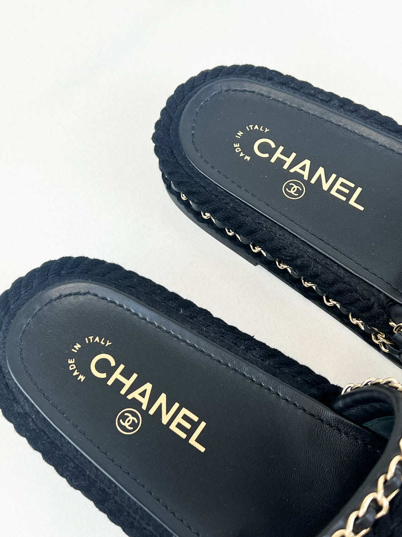 Chanel Black/Gold Woven Slides Size 38