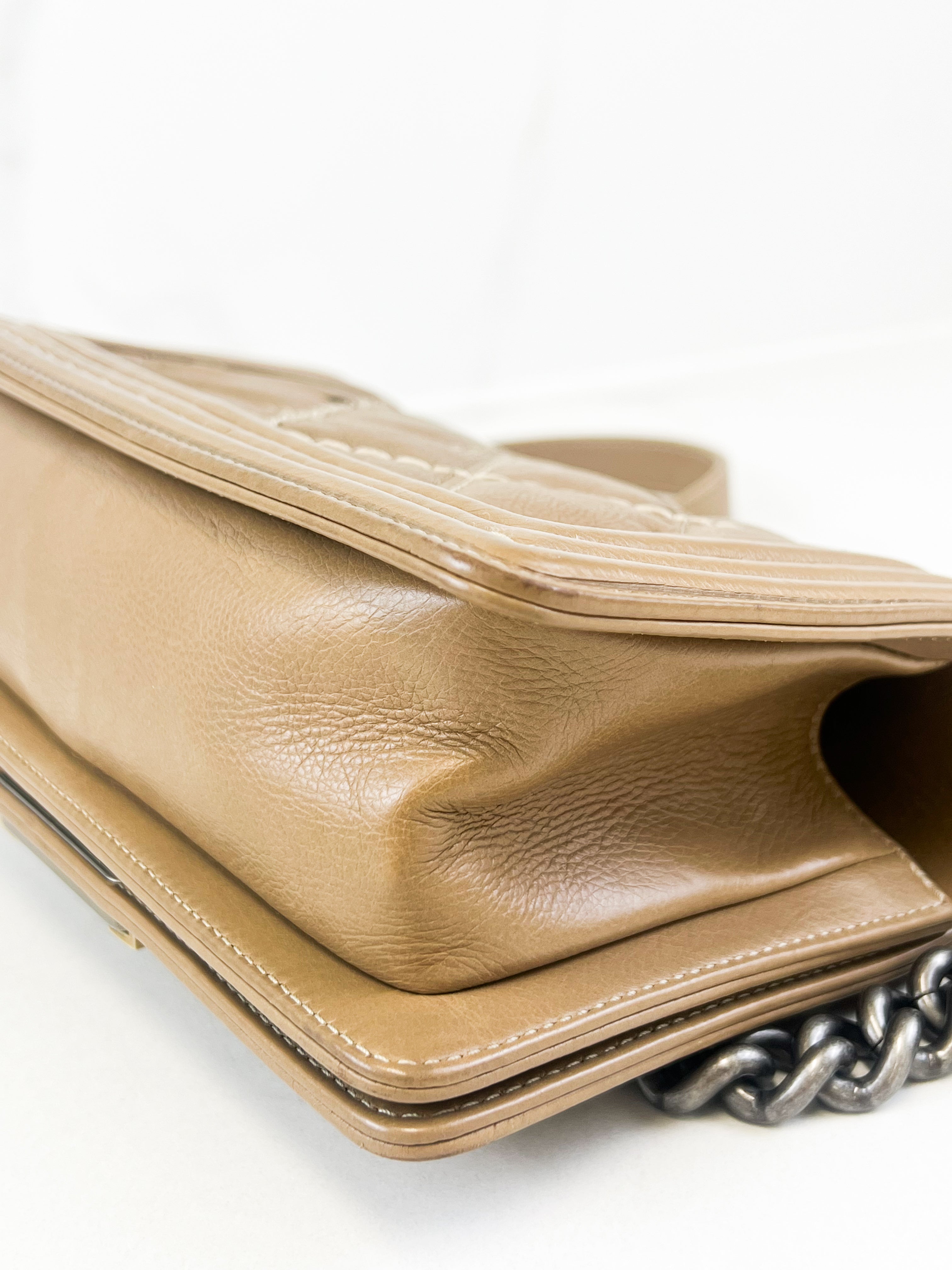 Chanel Small Beige Boy Bag Calfskin Ruthenium & Gold HW