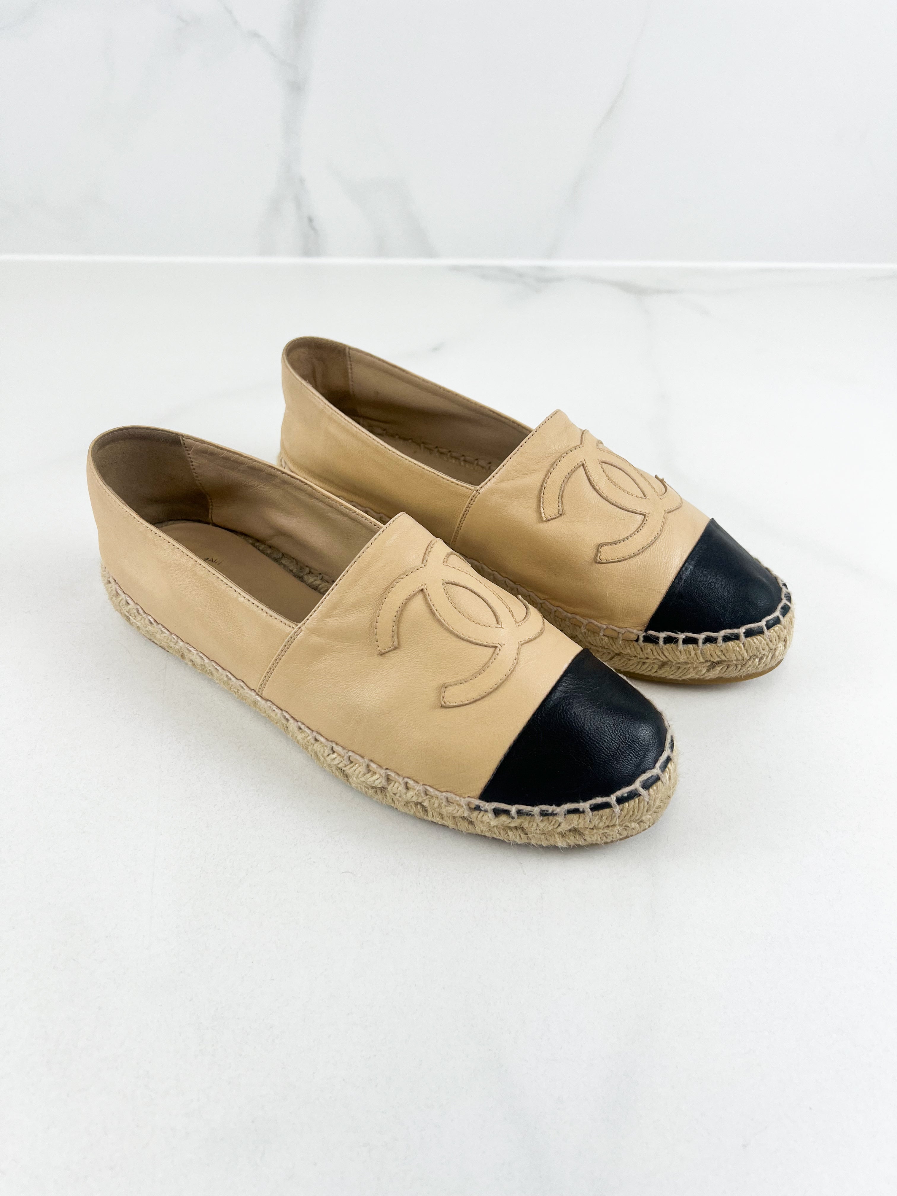 Chanel CC Logo Black & Beige Leather Espadrilles Size 39