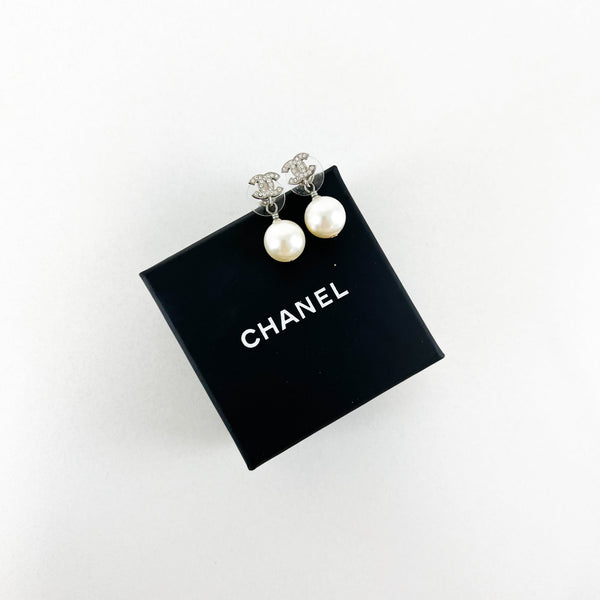 Chanel Pearl Drop Down CC Stud Earrings
