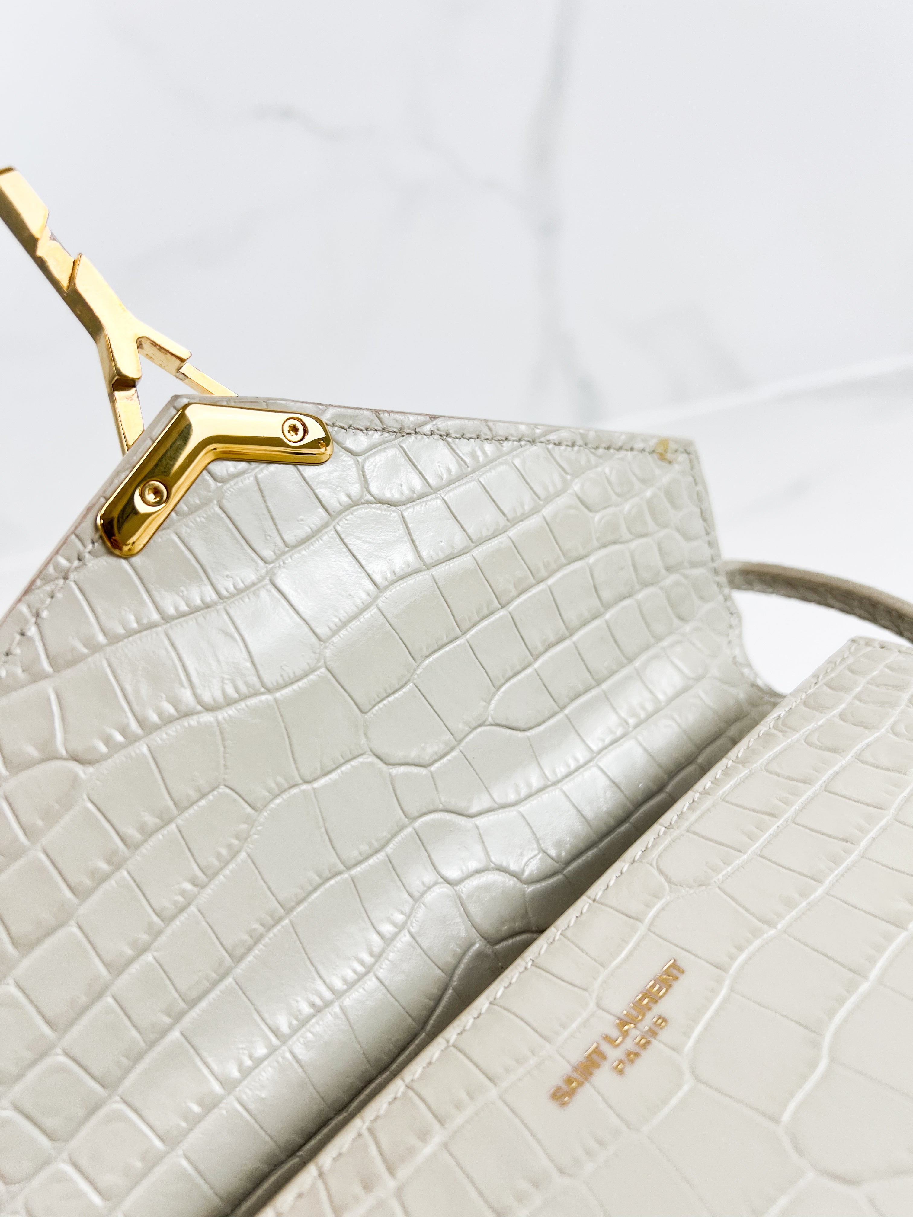 Saint Laurent Croc Embossed Cassandra Mini Top Handle GHW