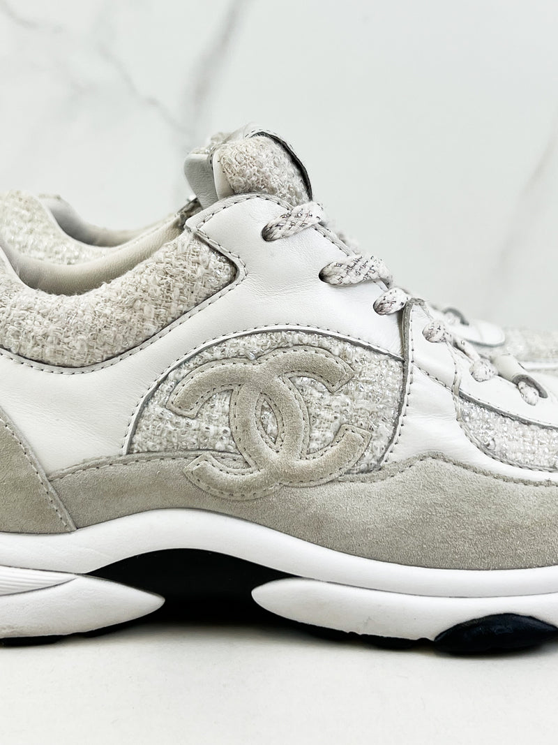 Chanel CC Tweed White/Silver Iridescent Sneaker Size 40