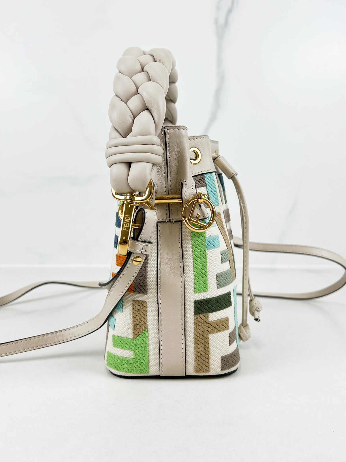 Fendi FF Multicolour Embroidred Mon Tresor Bucket Bag with Braided White Leather Handle