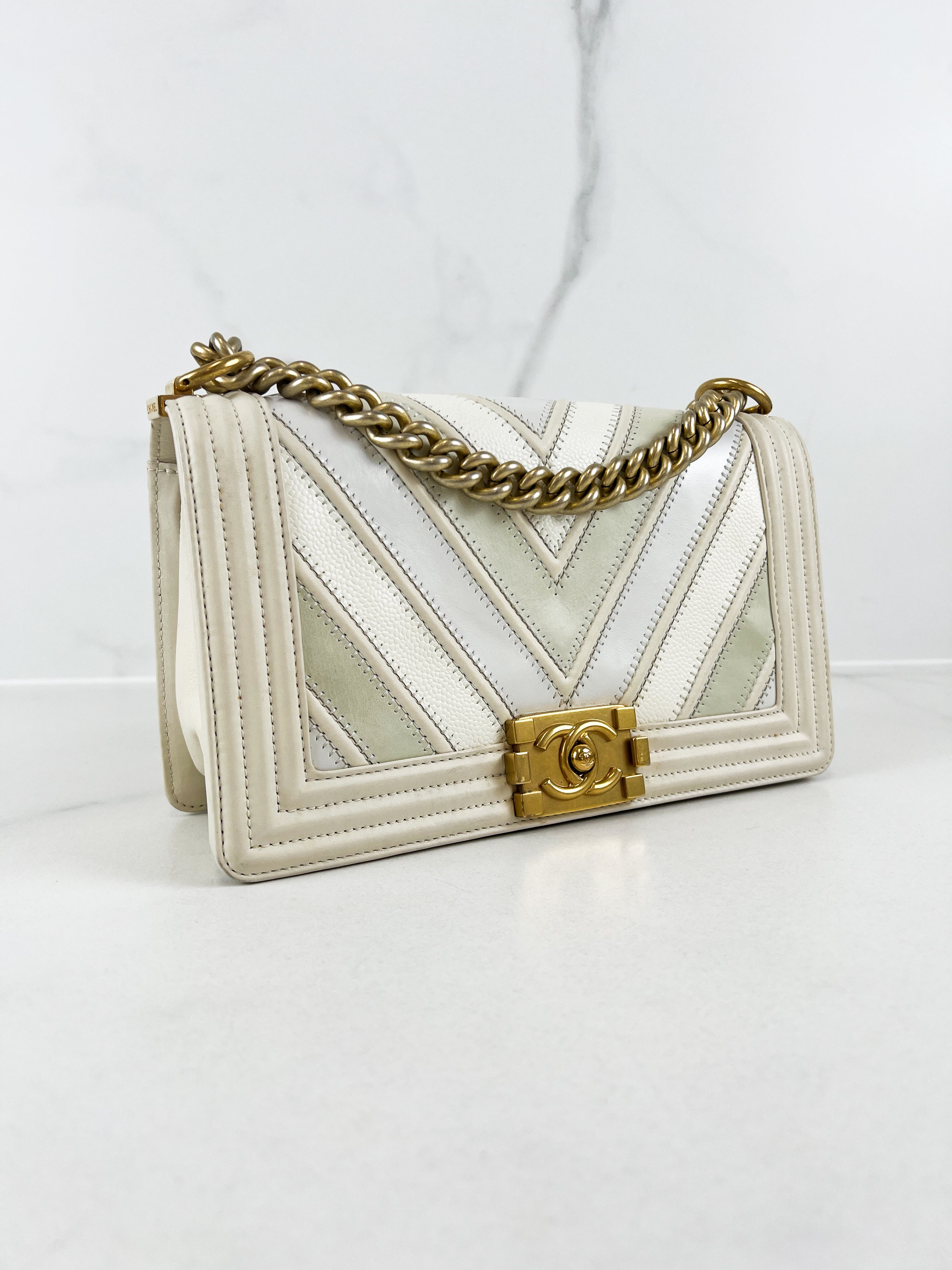 Chanel Old Medium Boy Bag in White Chevron Calfskin with Vintage GHW