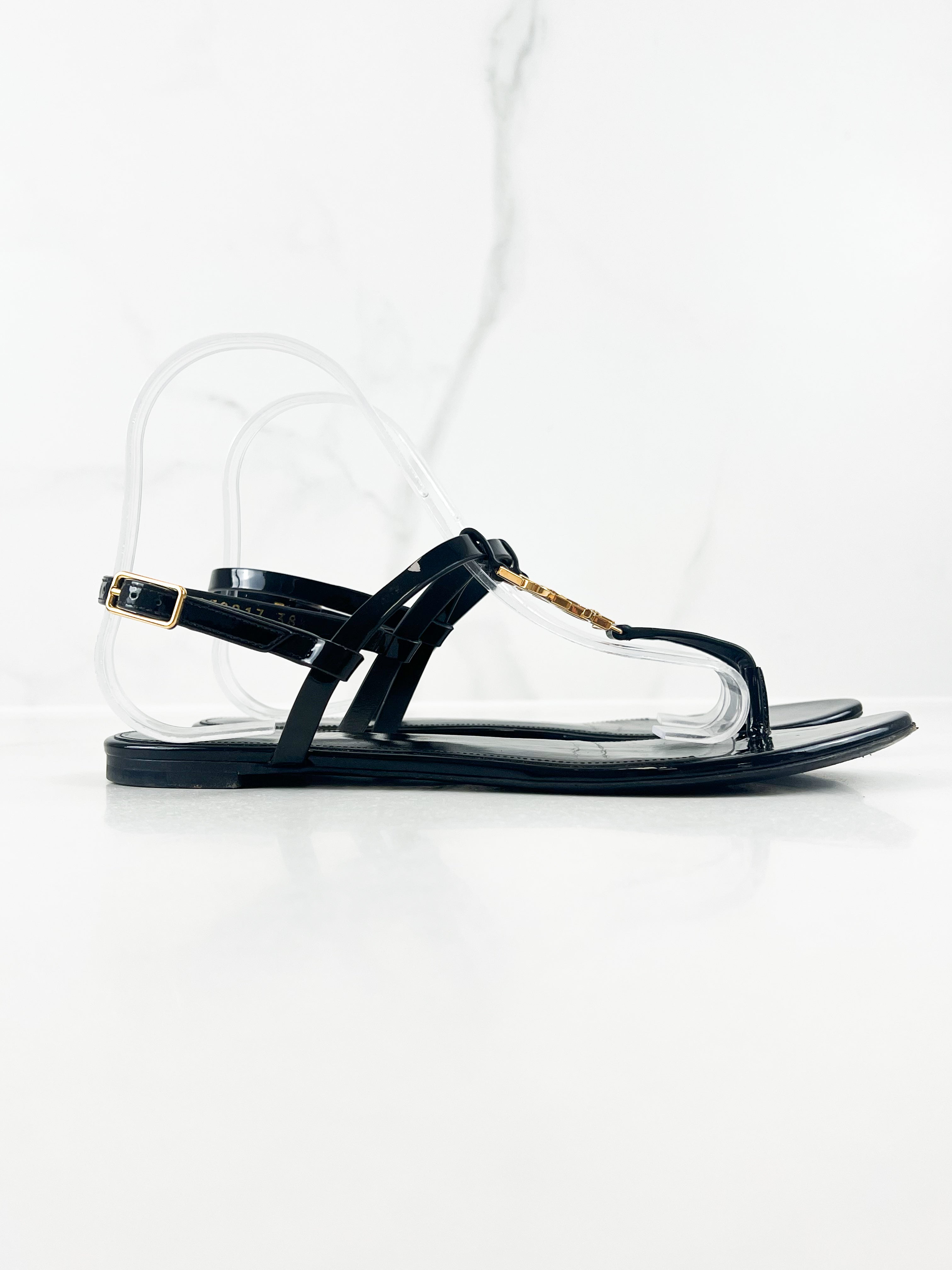 Saint Laurent Cassandra Flat Sandal in Black Patent Leather 38.5