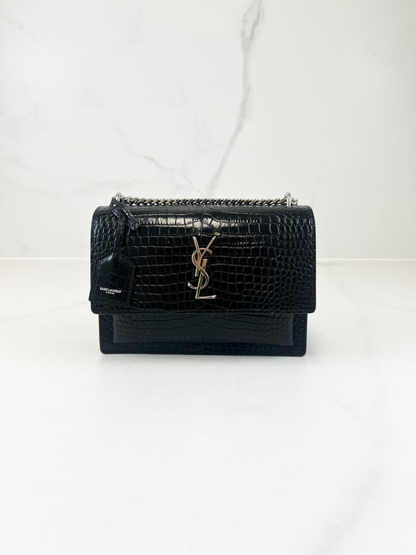 Saint Laurent Sunset Medium Black Croc Shoulder Bag with SHW
