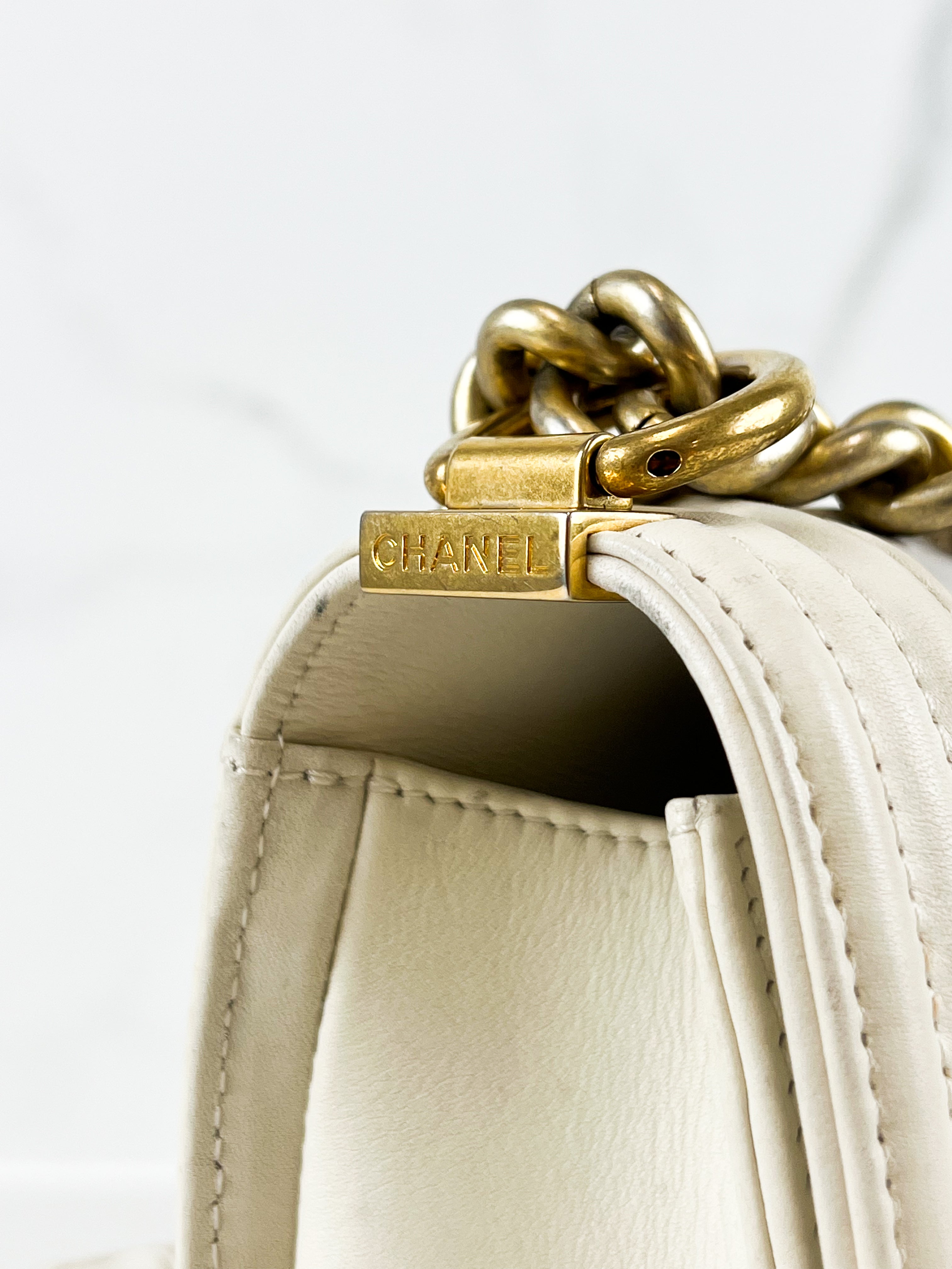 Chanel Old Medium Boy Bag in White Chevron Calfskin with Vintage GHW