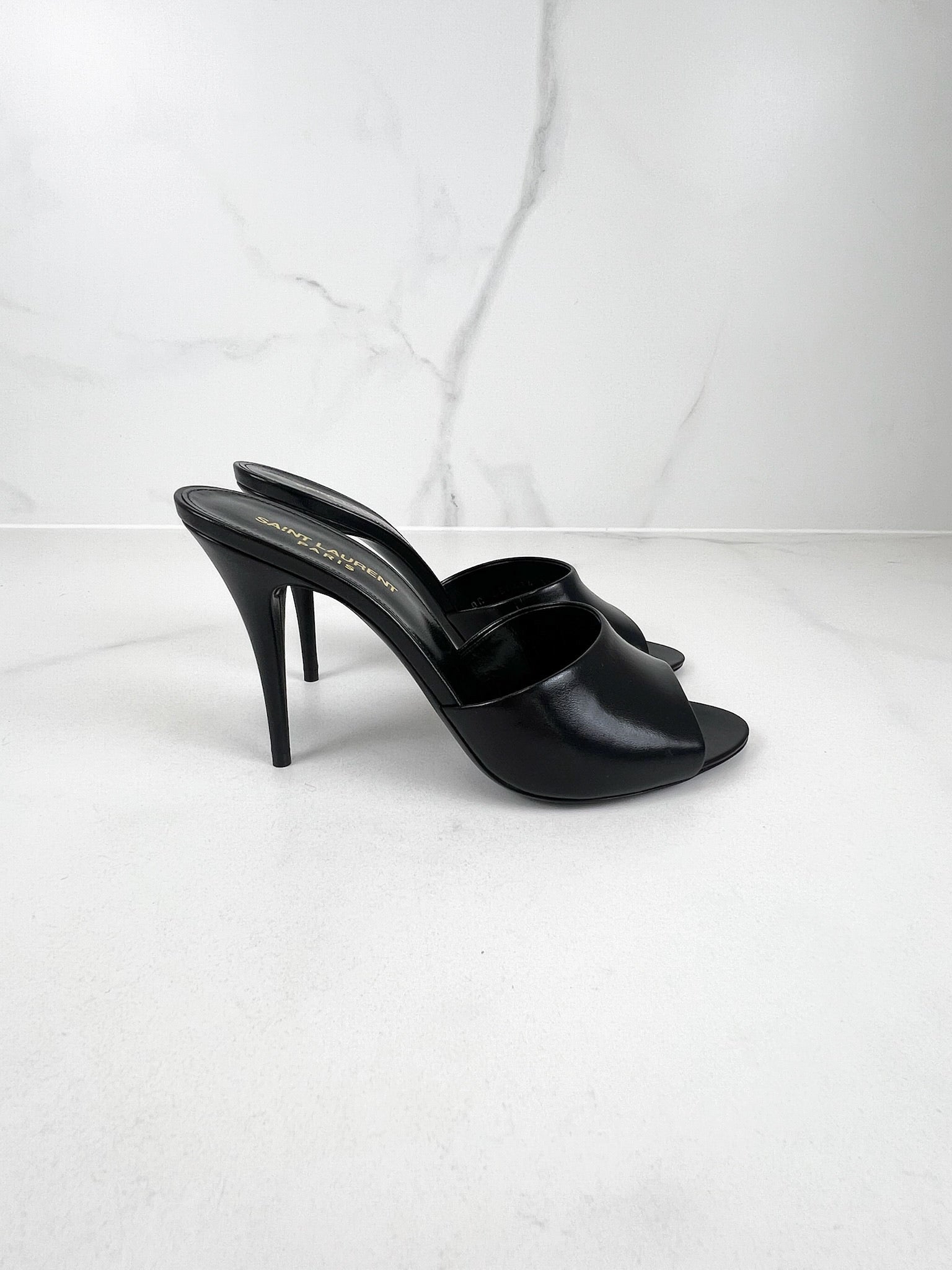 Saint Laurent Black Leather Belfagor Open Toe Slide Sandals Size 38