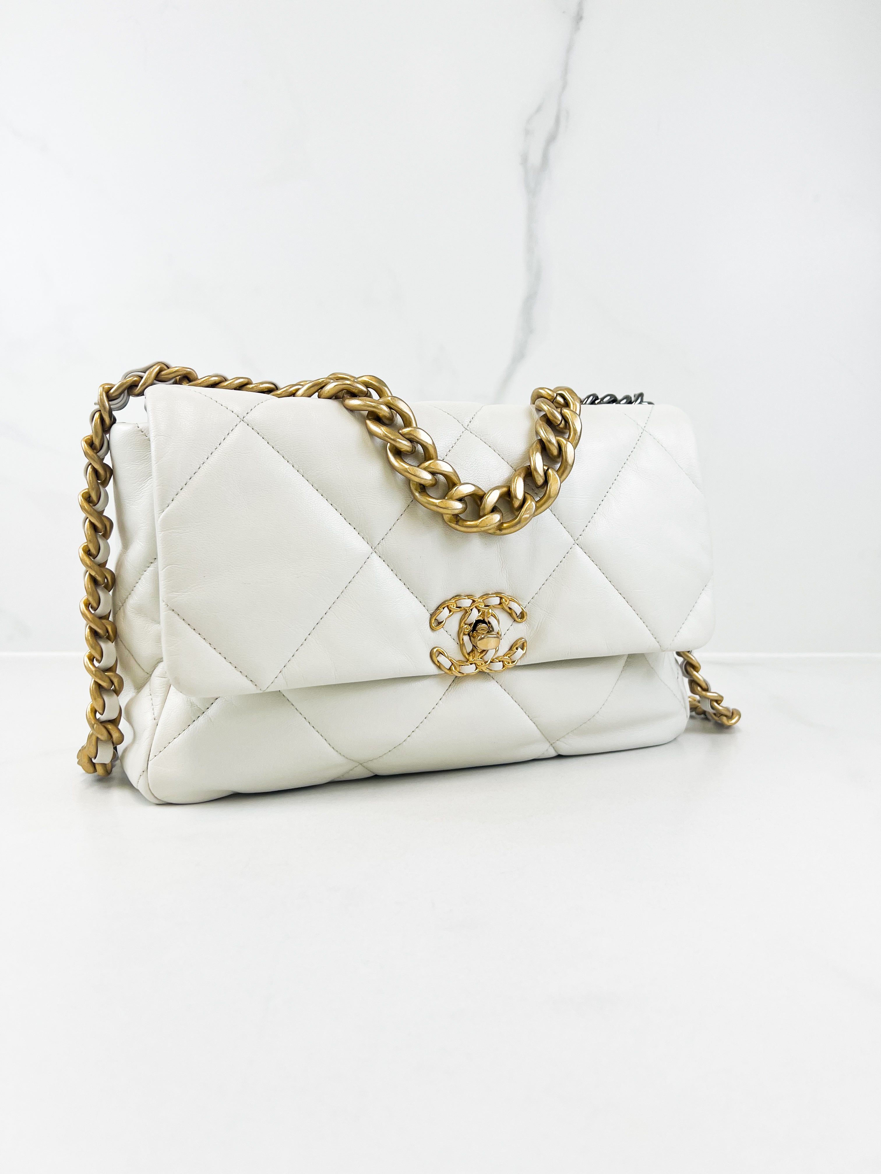 Chanel White Large Lambskin 19 with Gold & Silver Tone Hardware