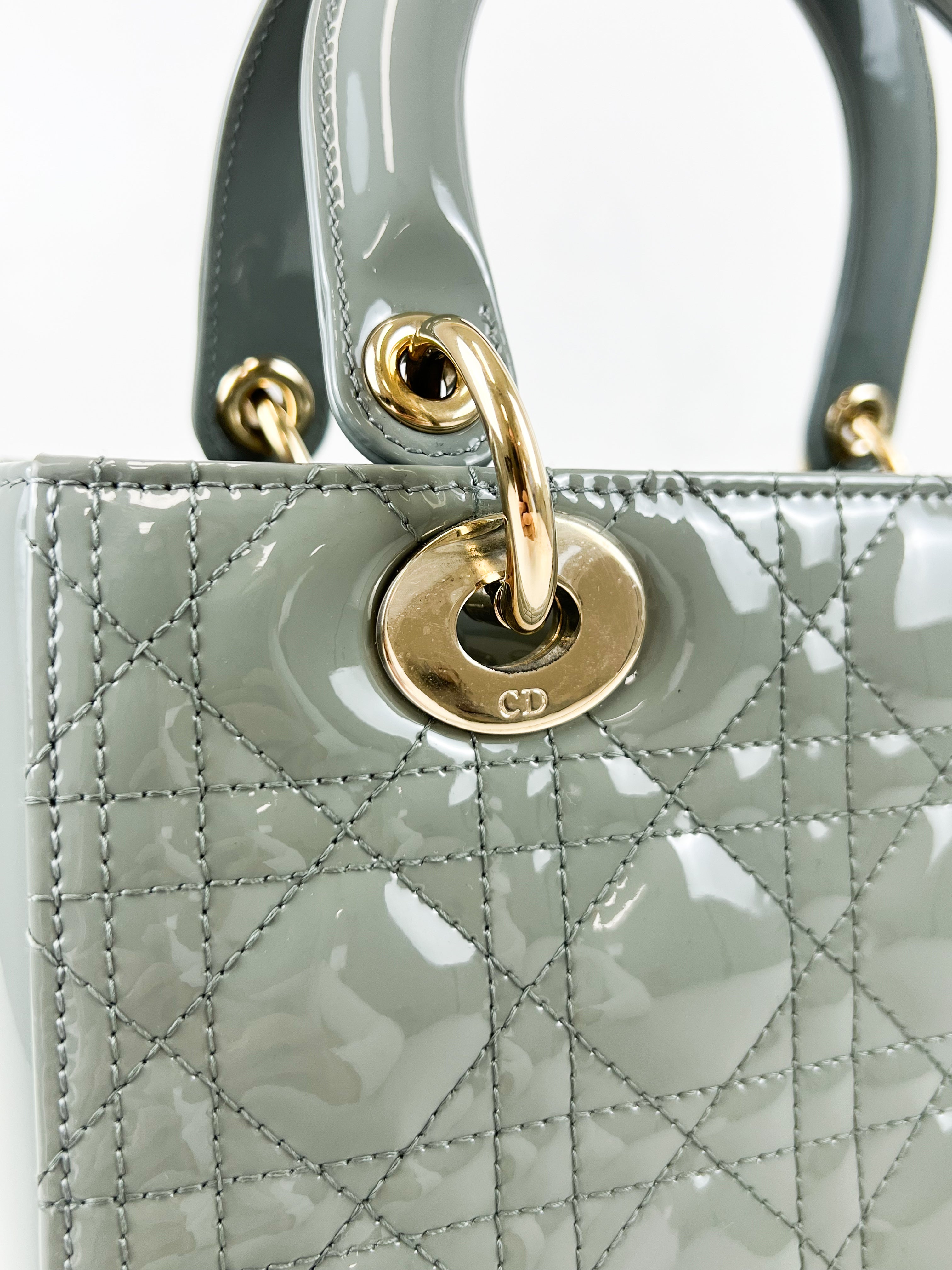 Christian Dior Medium Lady Dior In Grey Patent with GHW