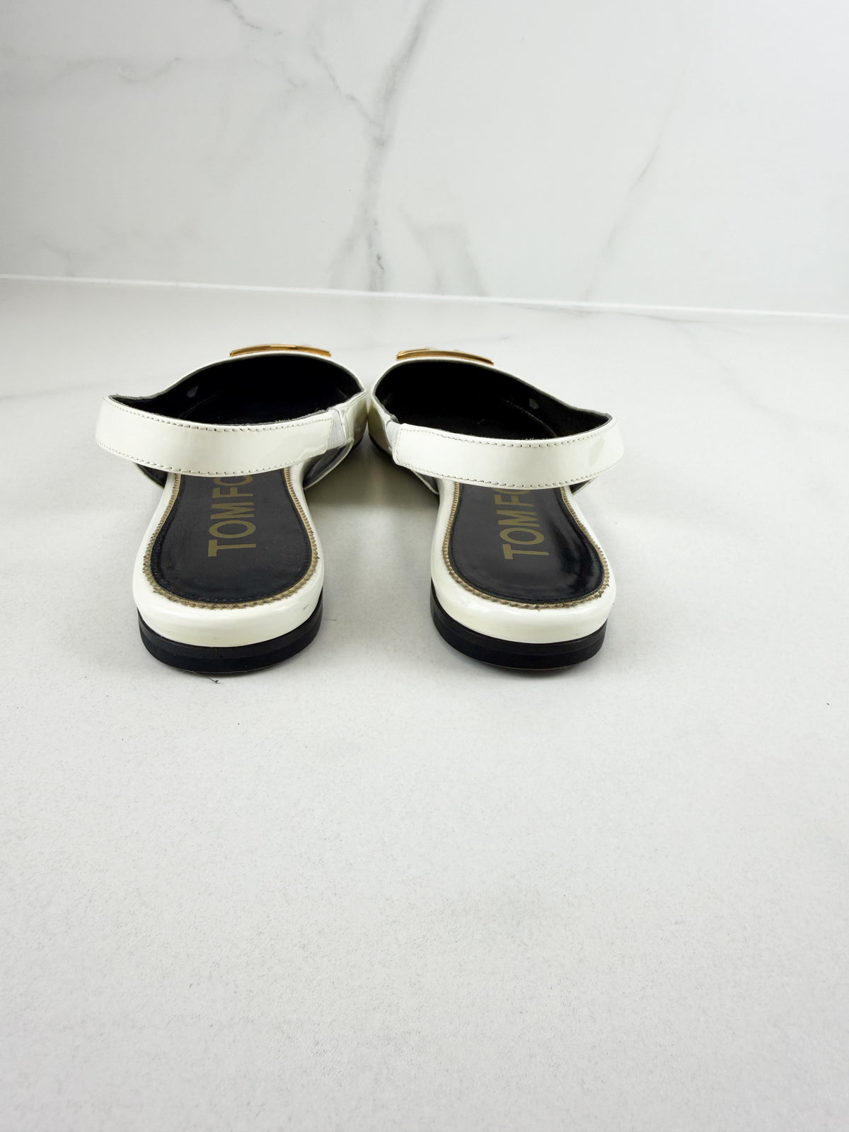 Tom Ford Patent White Slingback Flats with GHW Size 37
