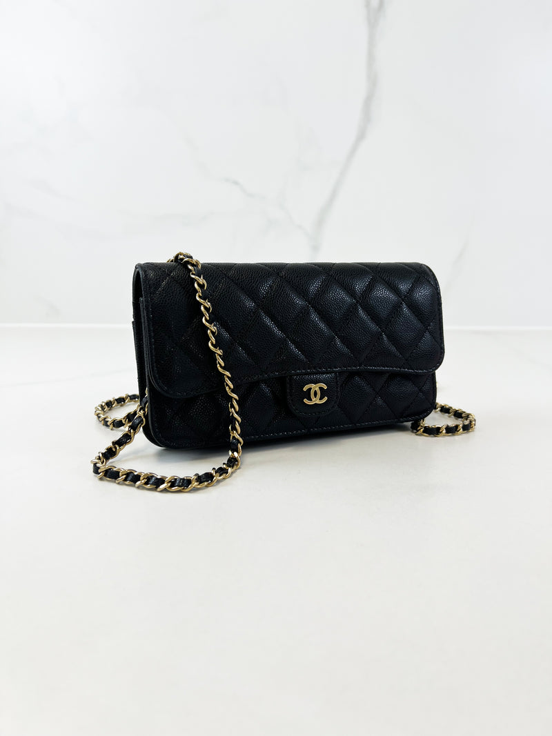 Chanel CC Caviar Black Classic Phone Holder WOC