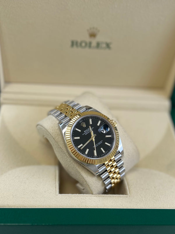 Rolex Datejust 41mm Fluted Bezel Jubilee Bracelet Black Face Stick Dial
