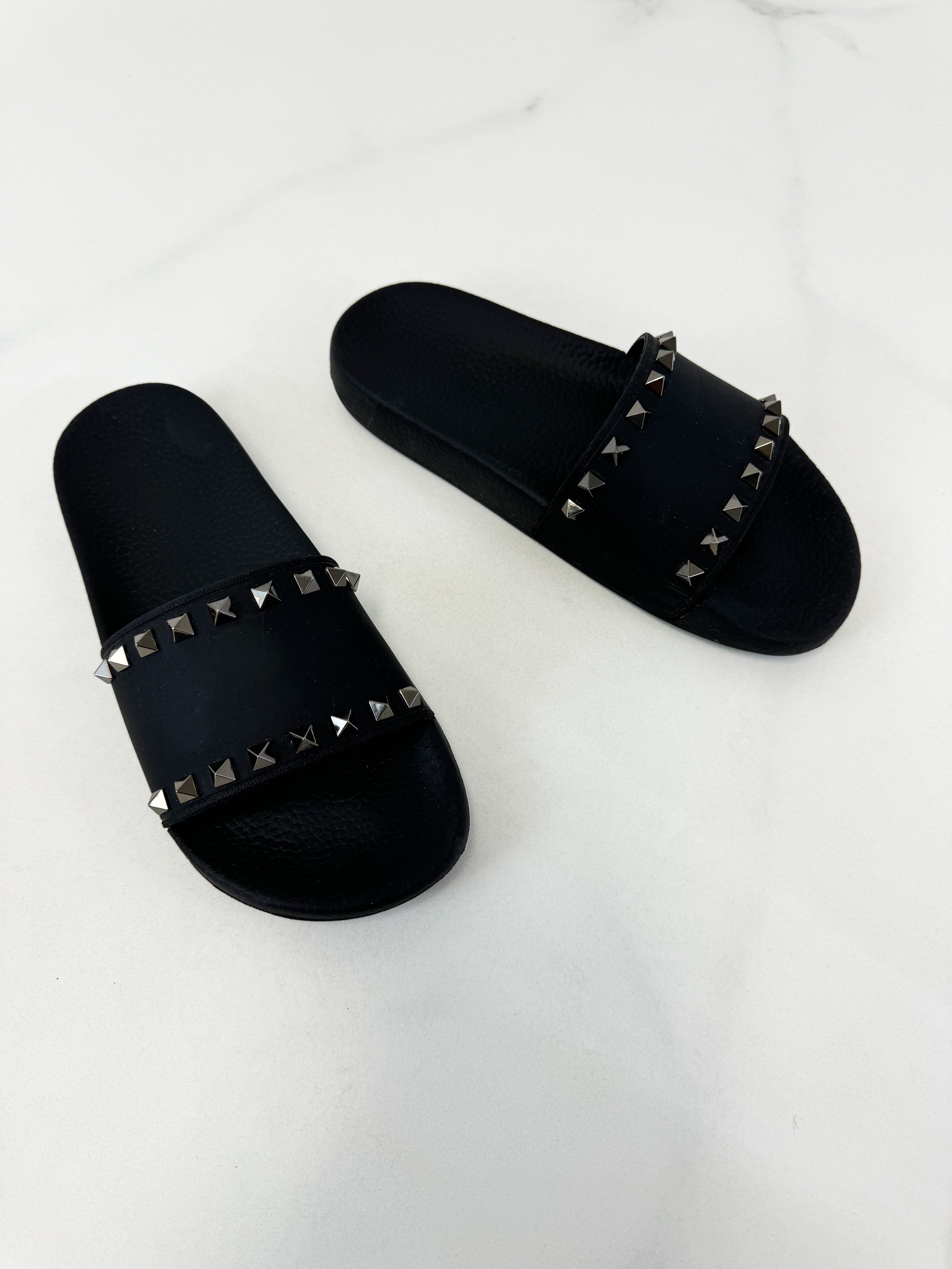 Valentino Black Rockstud Rubber Slides Size 38
