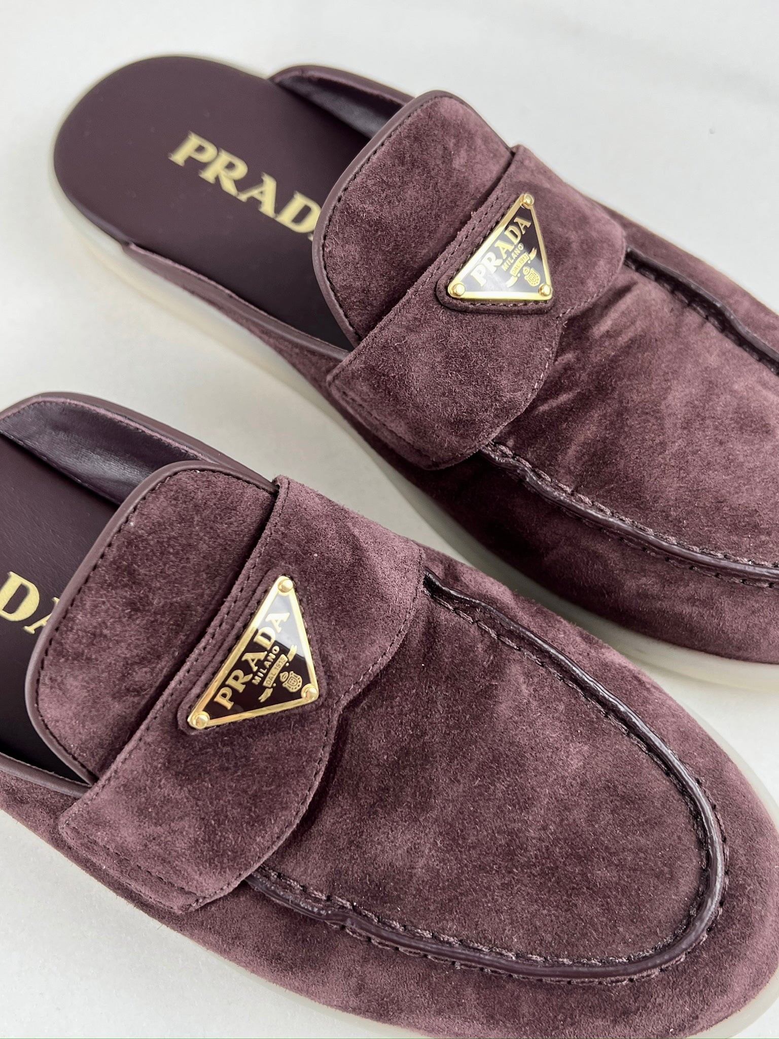Prada Burgundy Suede Logo Mules Size 38
