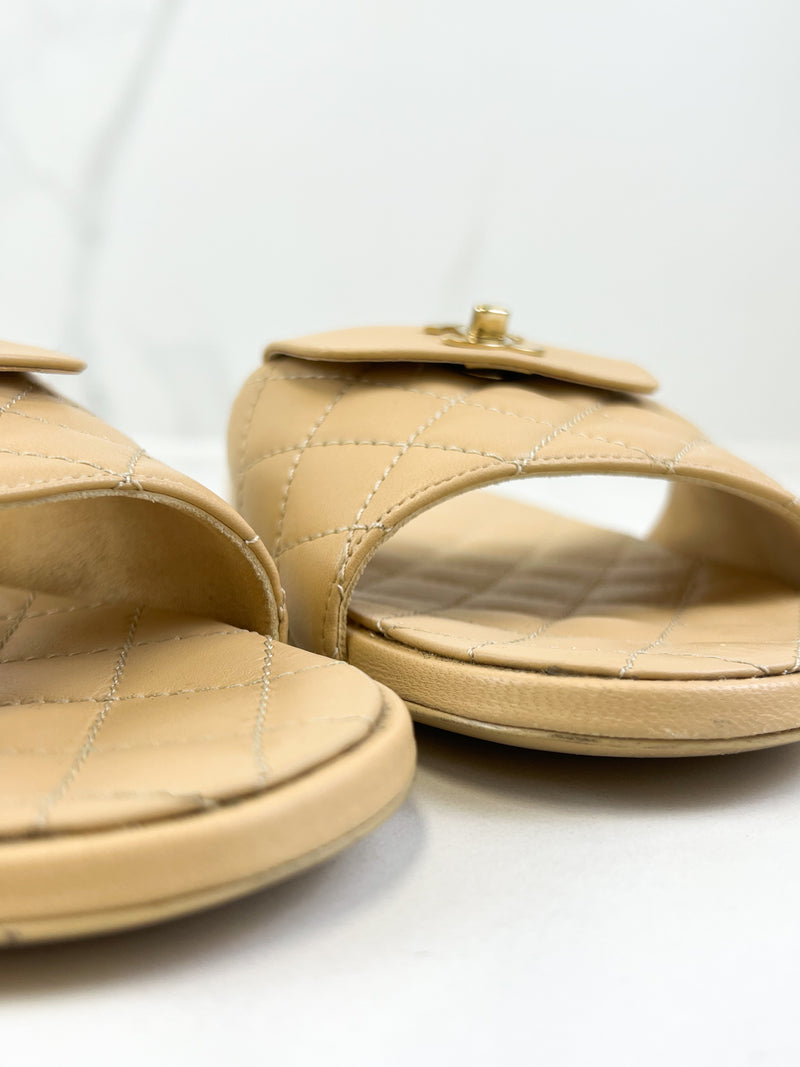 Chanel Beige Quilted Leather Slides Size 41
