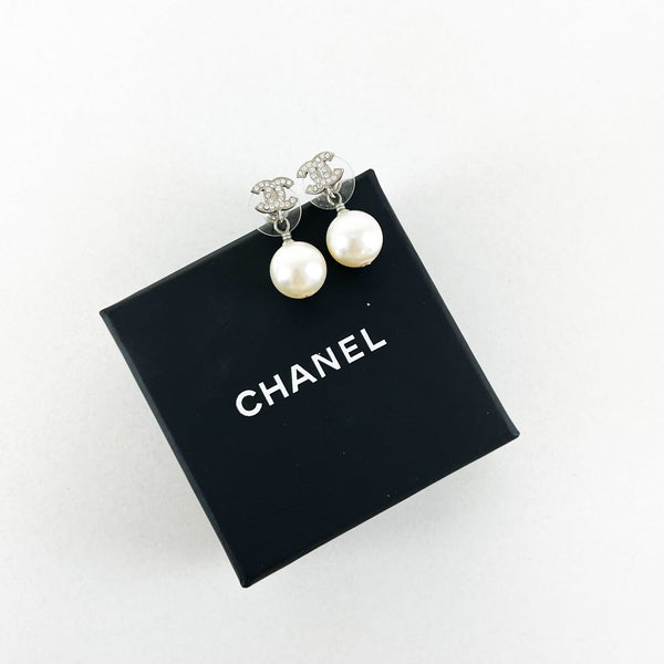 Chanel Pearl Drop Down CC Stud Earrings