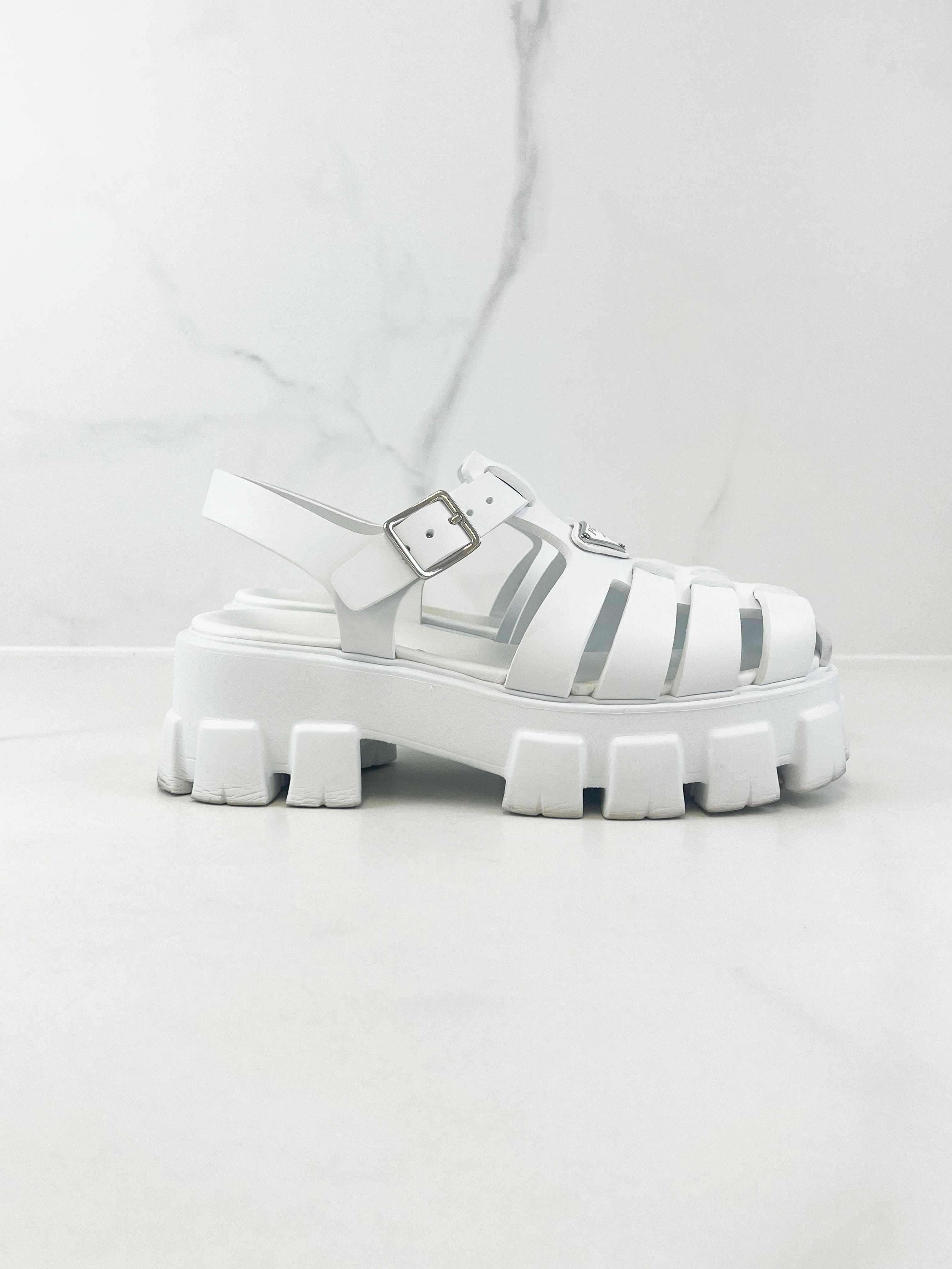 Prada White Logo Rubber Monolith Sandals in Size 38
