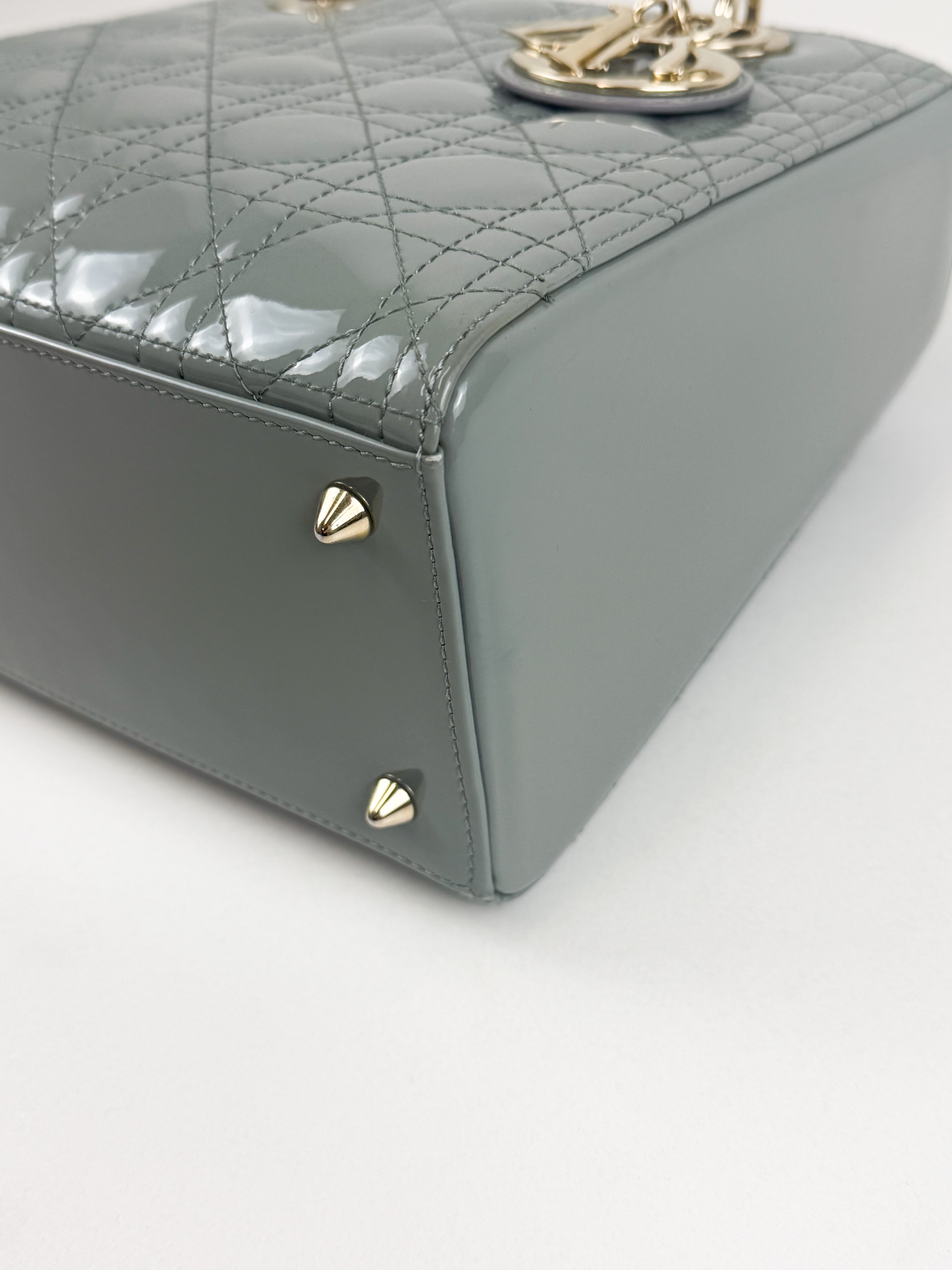 Christian Dior Medium Lady Dior In Grey Patent with GHW