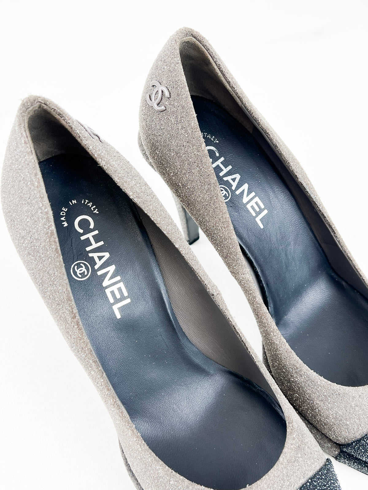 Chanel Black and Grey Glitter Cap-Toe Platform Pumps in Size 39.5