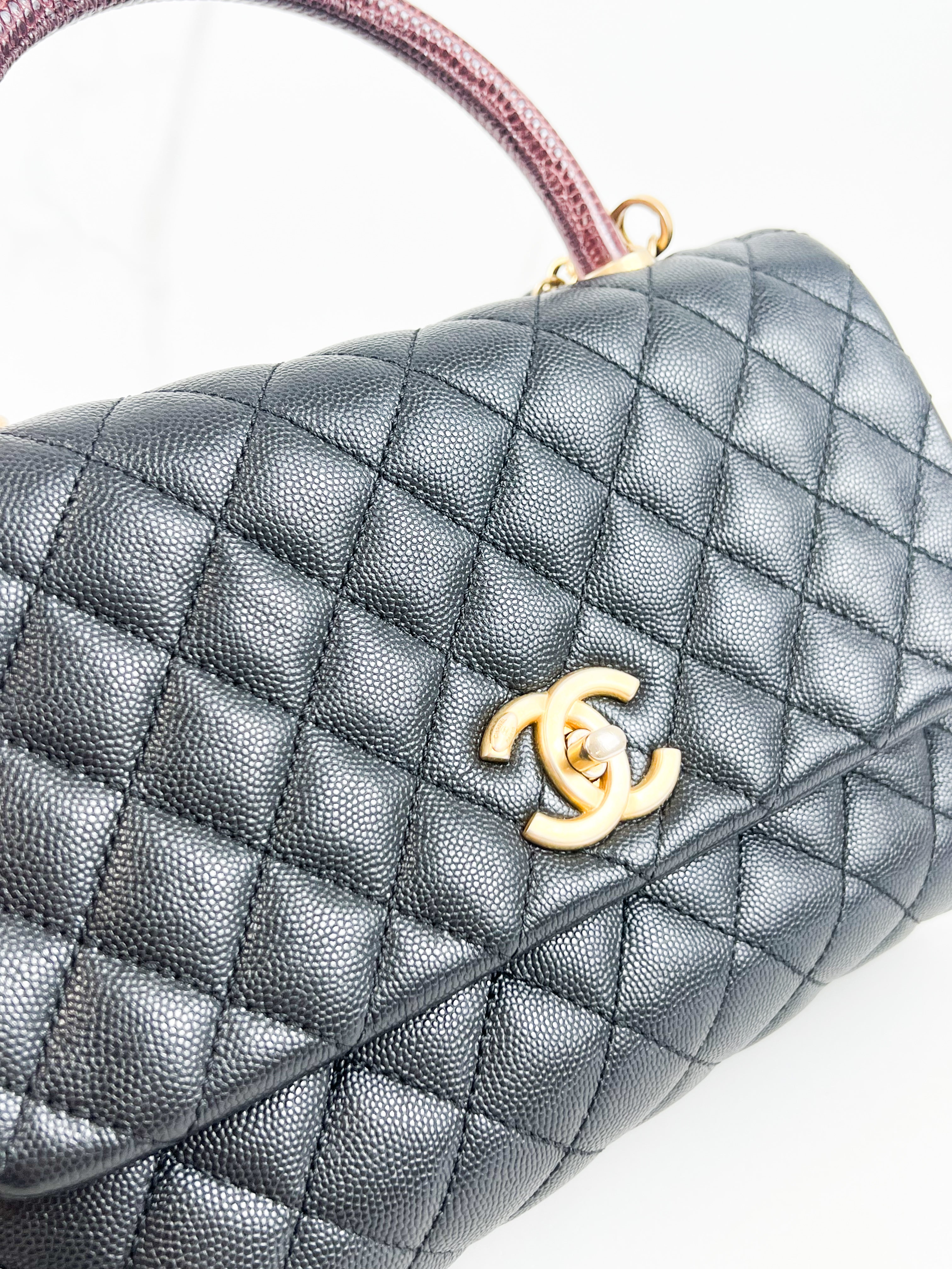 Chanel Medium Top Handle Coco in Black Caviar with Lizard Handle GHW