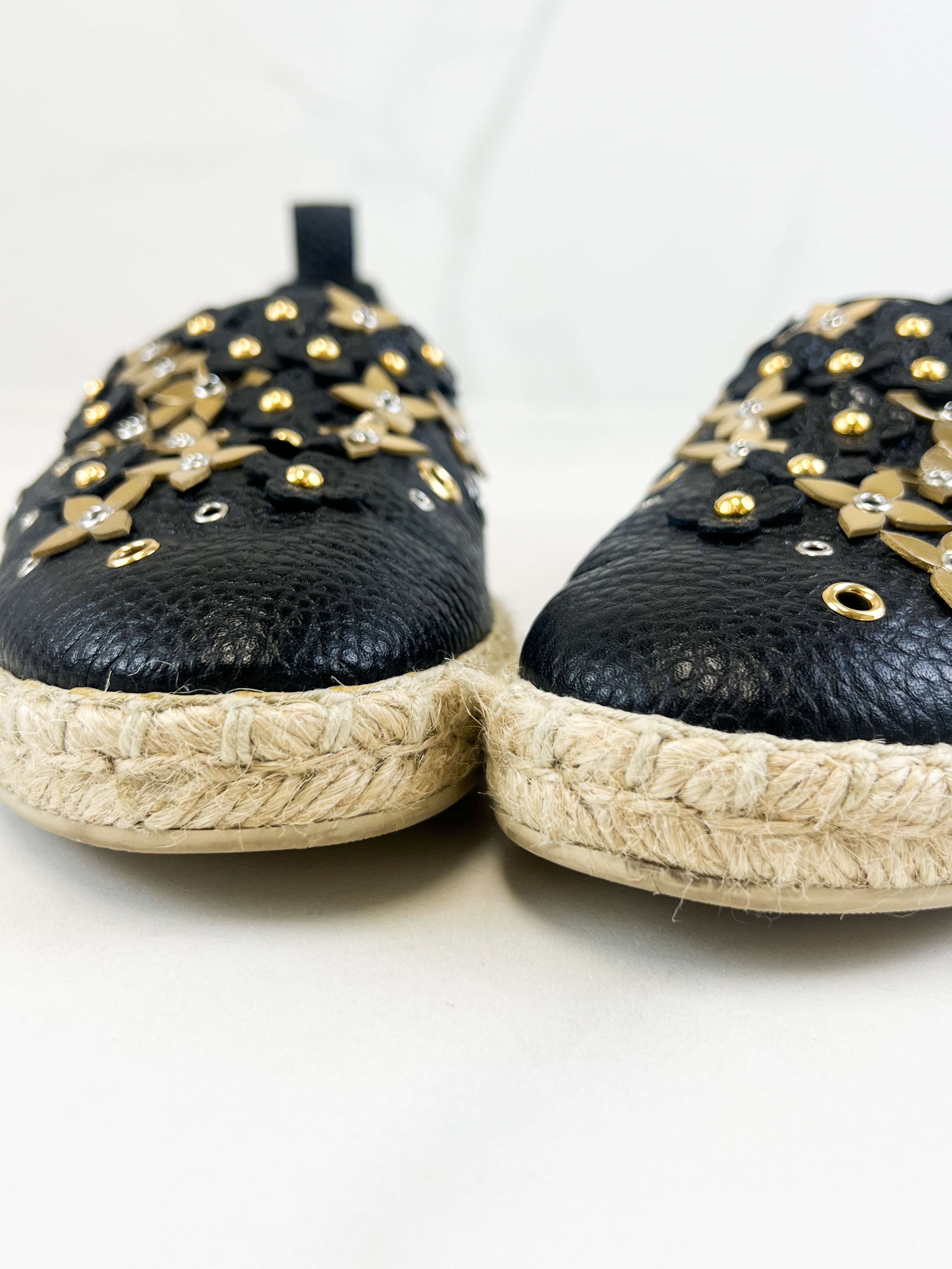 Louis Vuitton Black Leather Tropical Bloom Espadrille Size 38.5