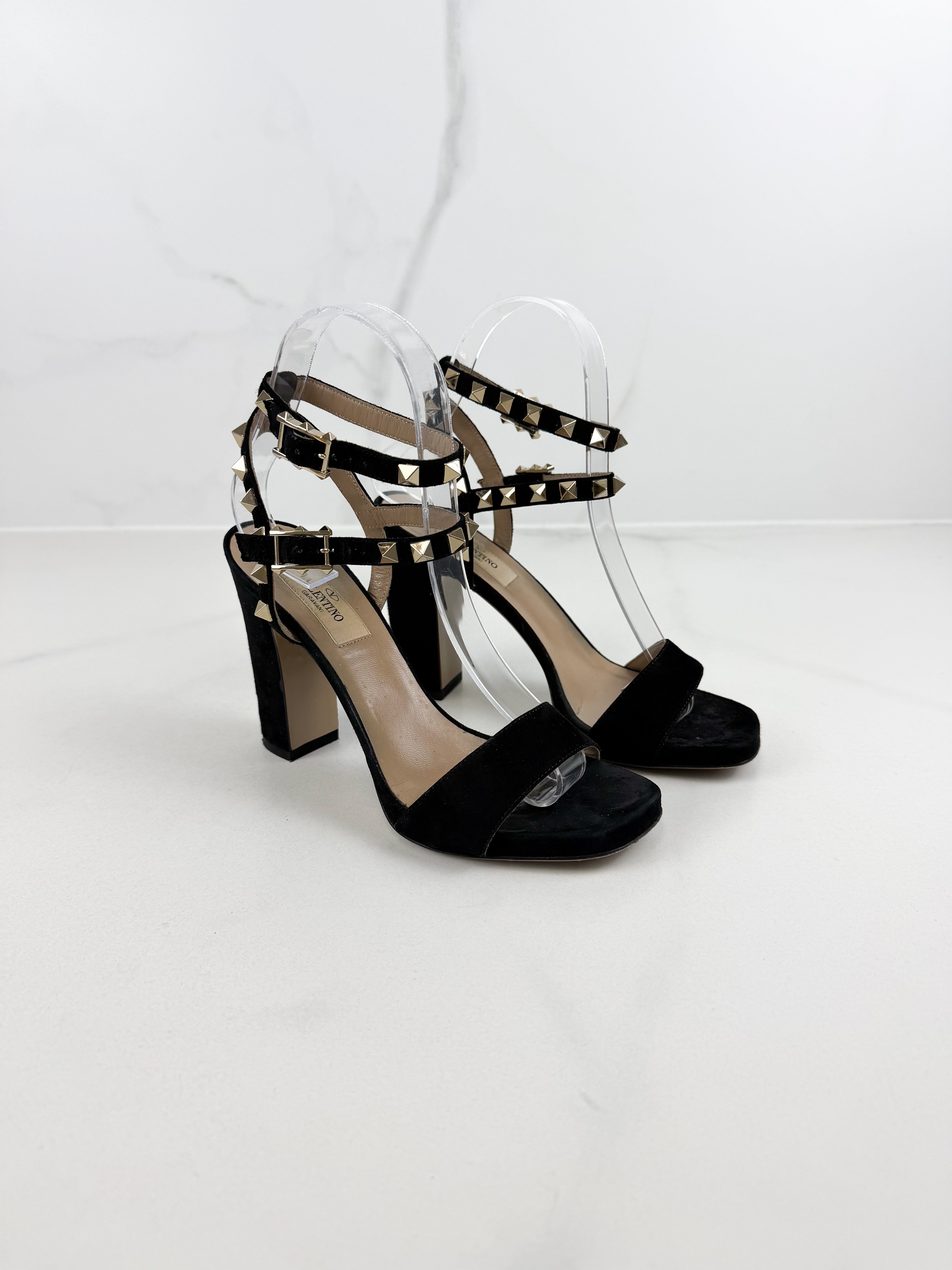 Valentino Black Velvet Rockstud Ankle Strap Heel Size 35.5