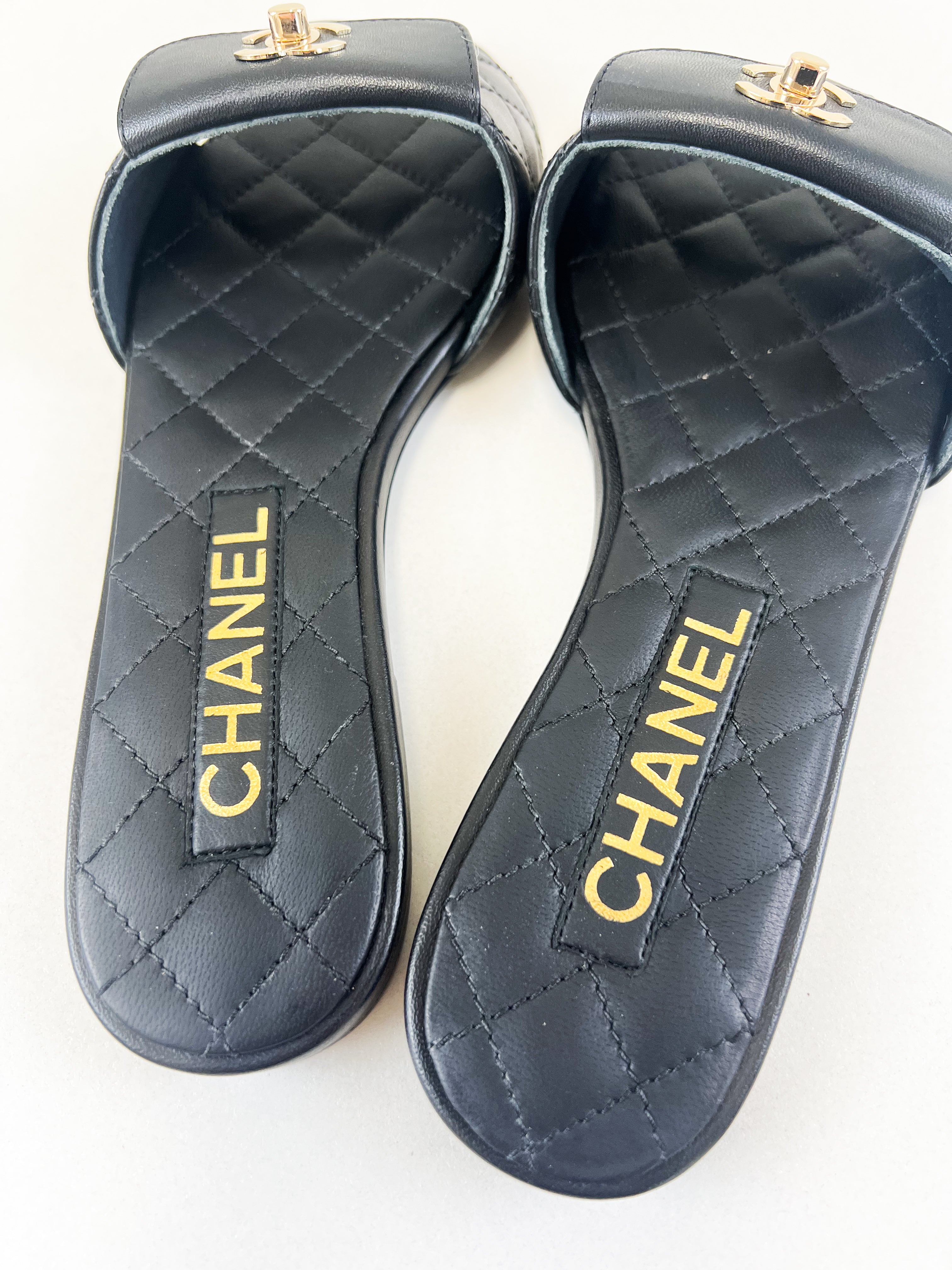 Chanel Black Quilted Leather Slides Size 36C
