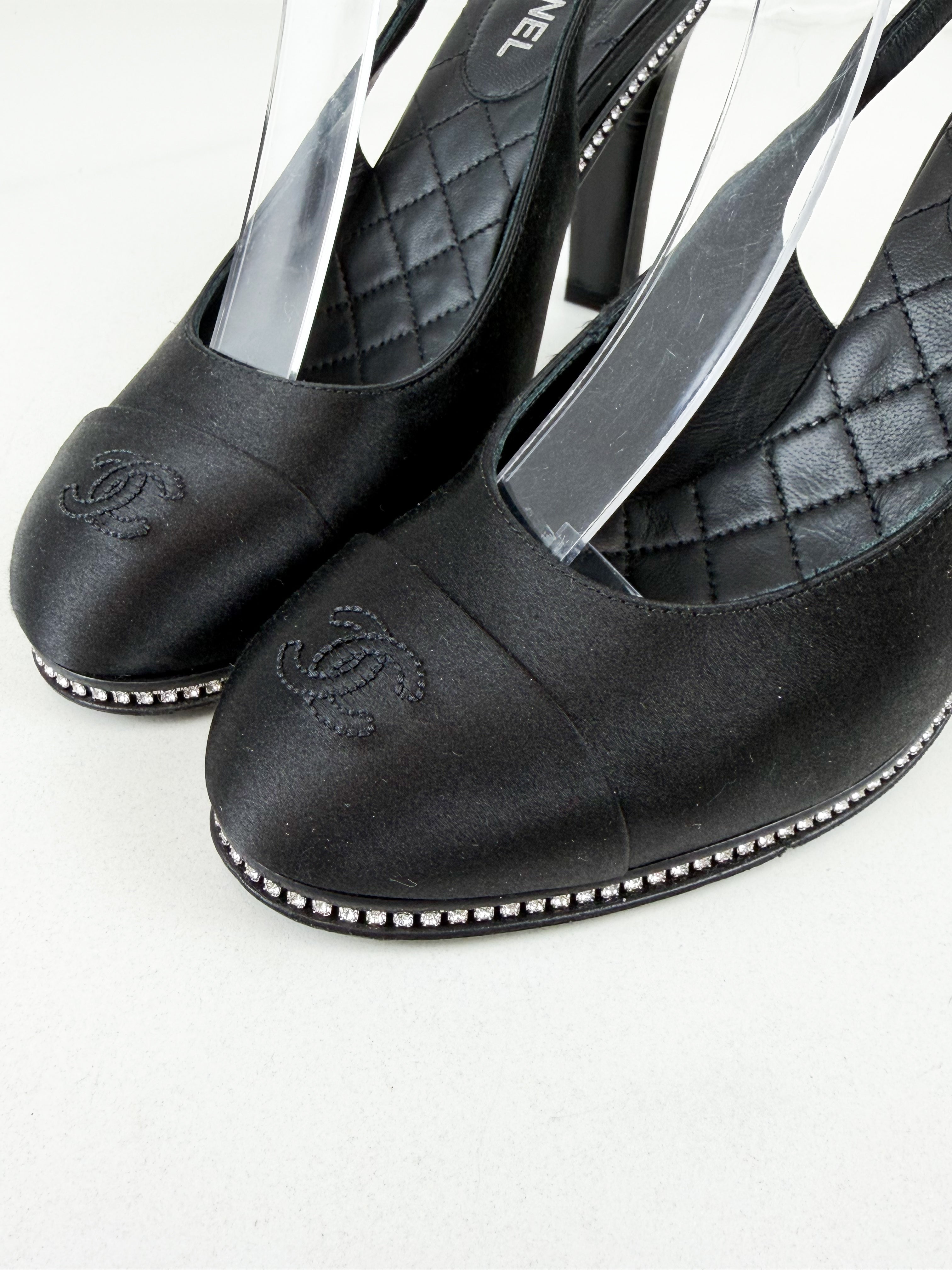 Chanel CC Logo Black Satin Slingback Pumps with Rhinestone Trim Size 36C