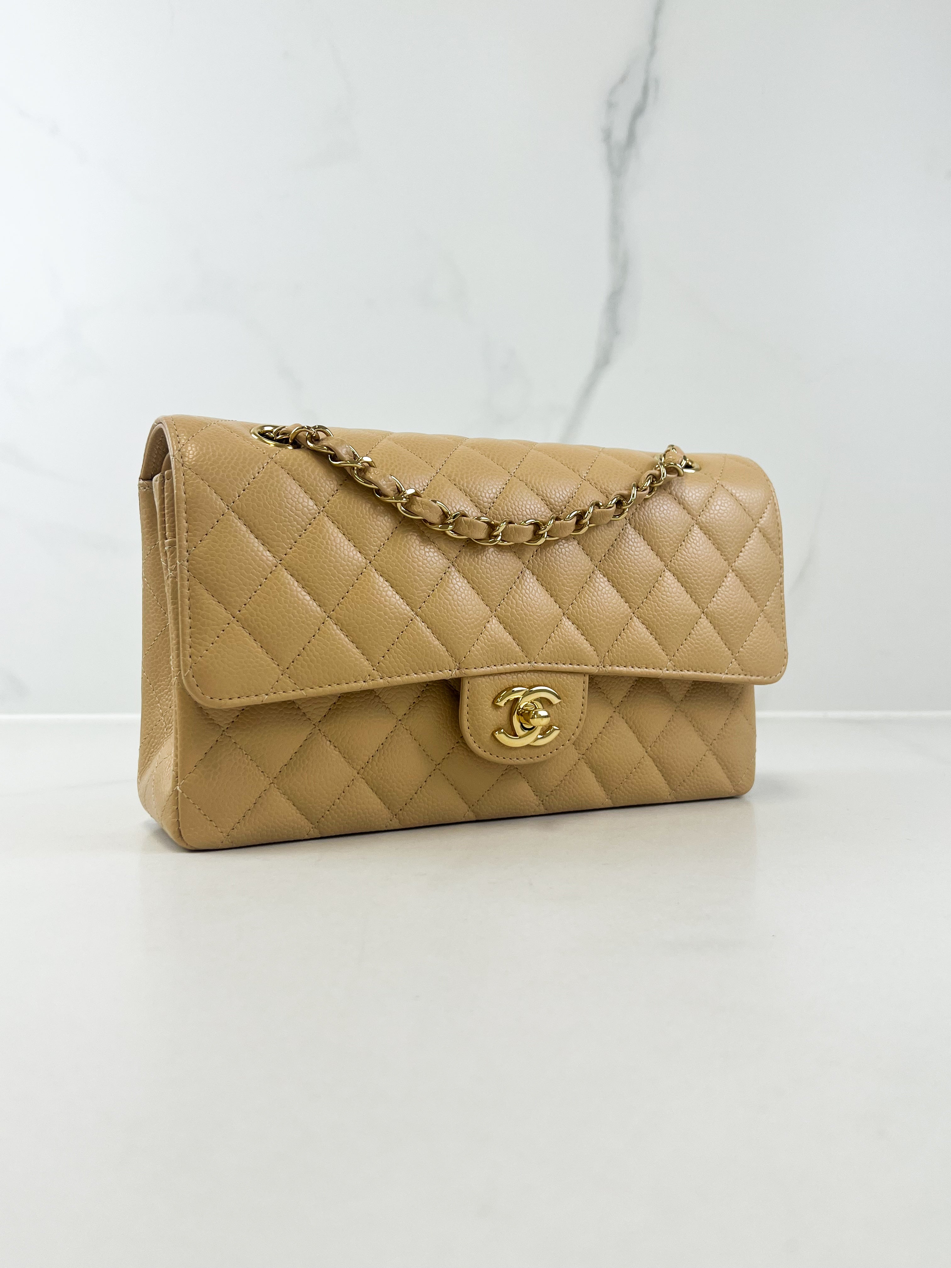 Chanel CC Medium Caviar Beige Classic Double Flap Shoulder Bag