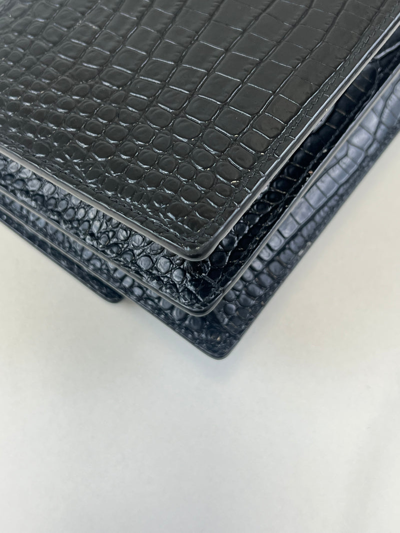 Saint Laurent Sunset Medium Black Croc Shoulder Bag with SHW