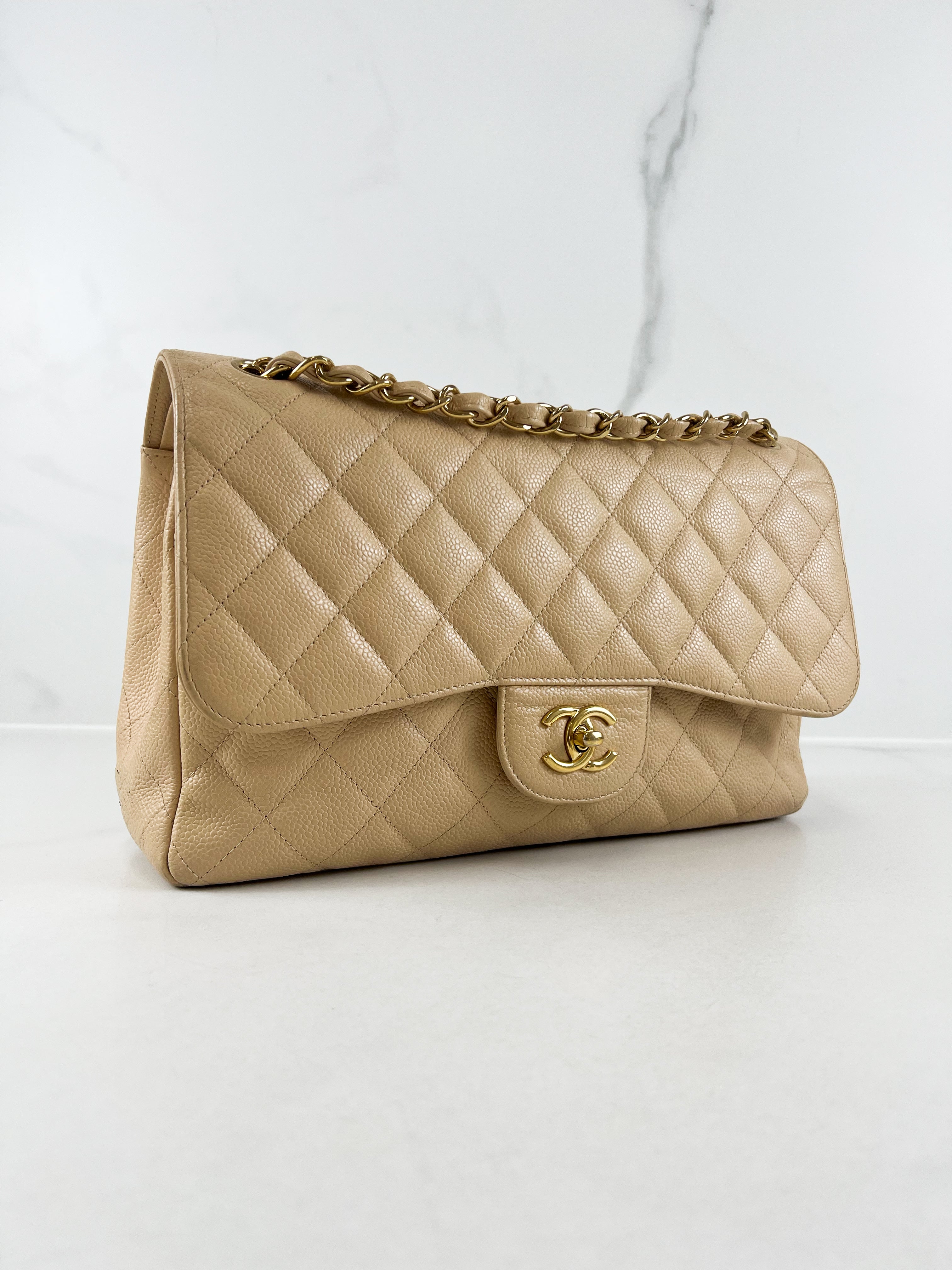 Chanel Jumbo Beige Classic Double Flap Caviar Shoulder Bag
