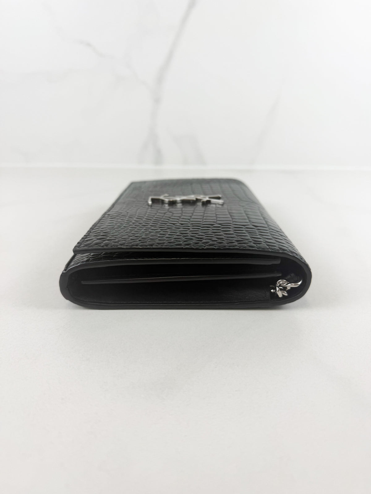 Saint Laurent Black Kate Chain Bag in Embossed Croc Leather