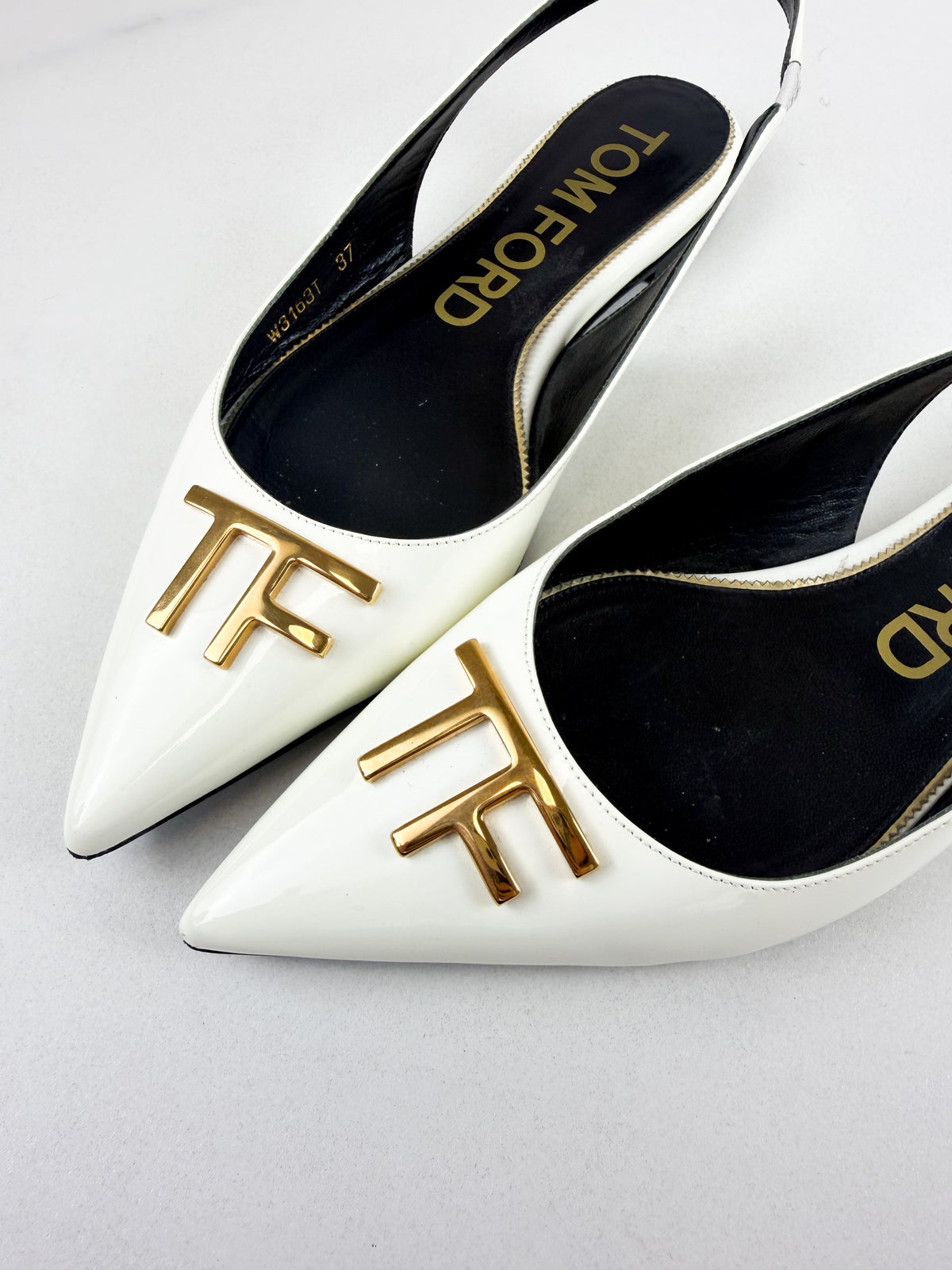 Tom Ford Patent White Slingback Flats with GHW Size 37