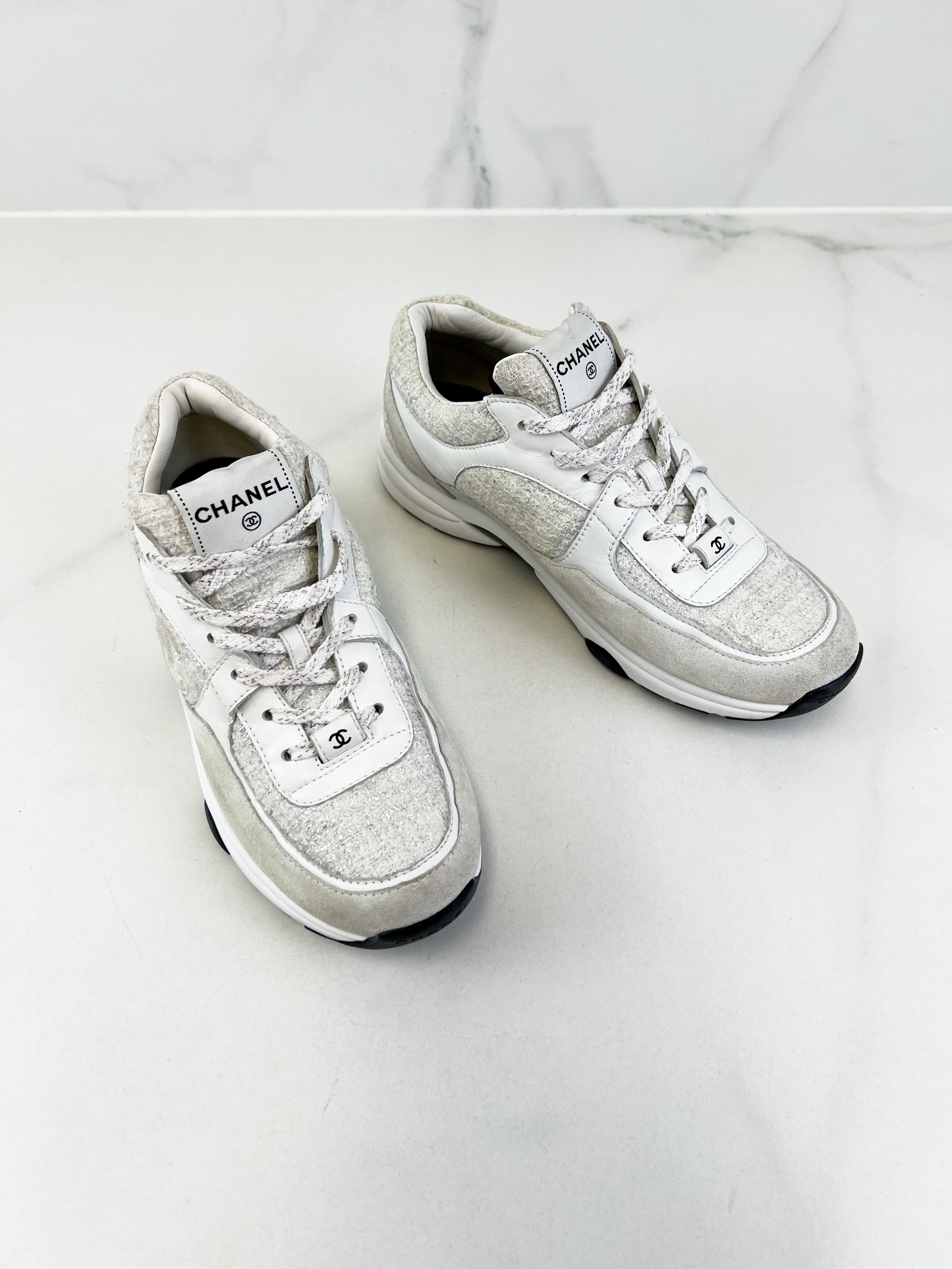 Chanel CC Tweed White/Silver Iridescent Sneaker Size 40