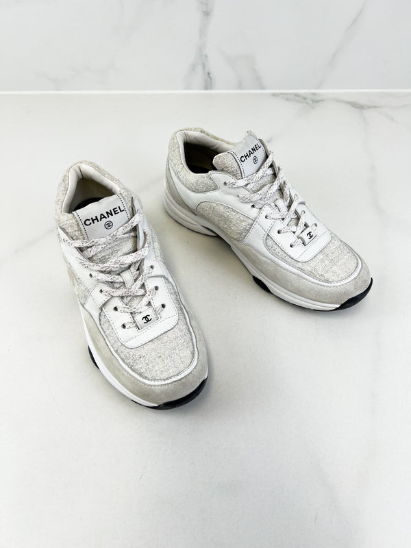 Chanel CC Tweed White/Silver Iridescent Sneaker Size 40