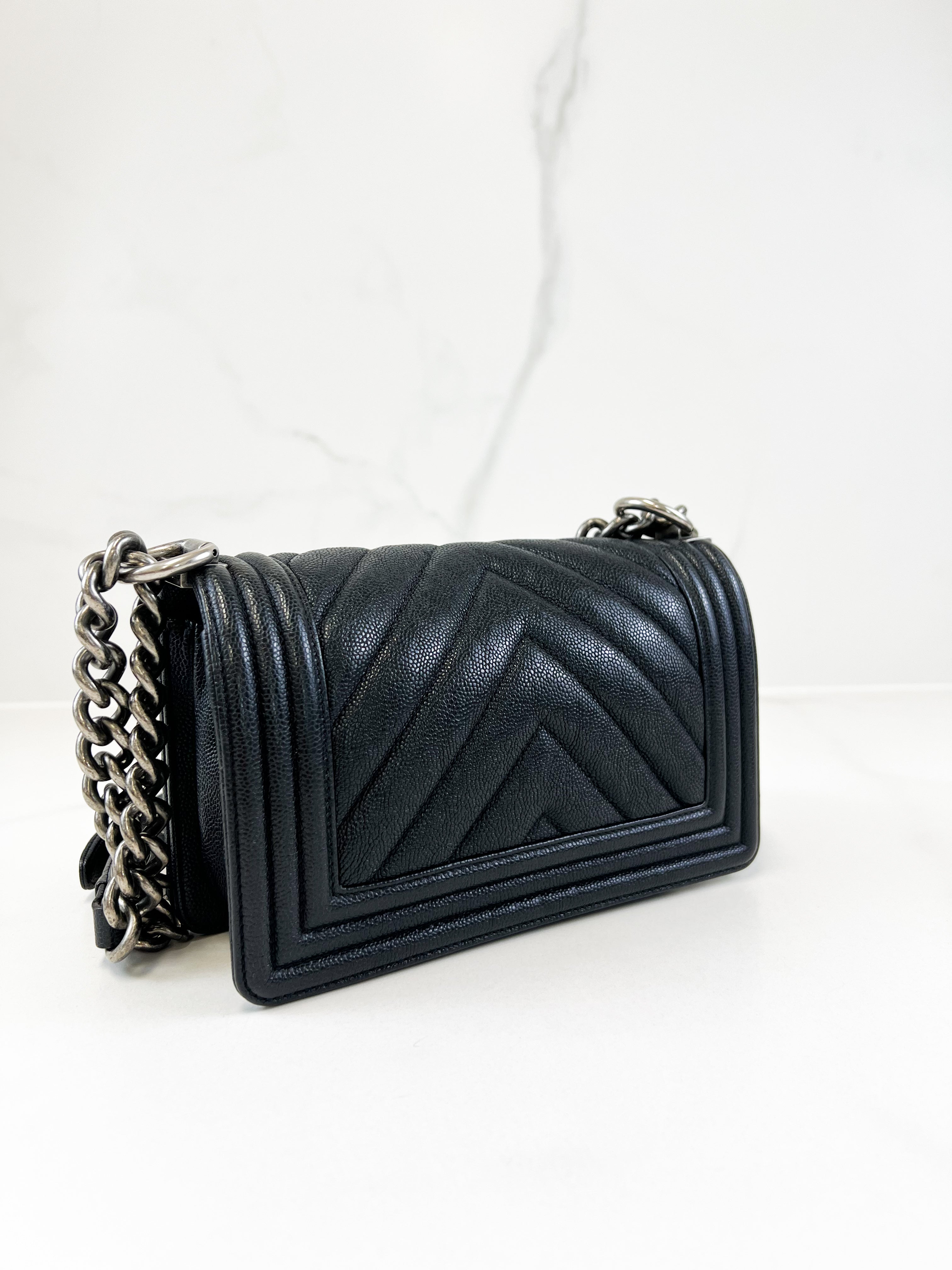 Chanel Caviar Small Chevron Boy Bag with Ruthenium Hardware