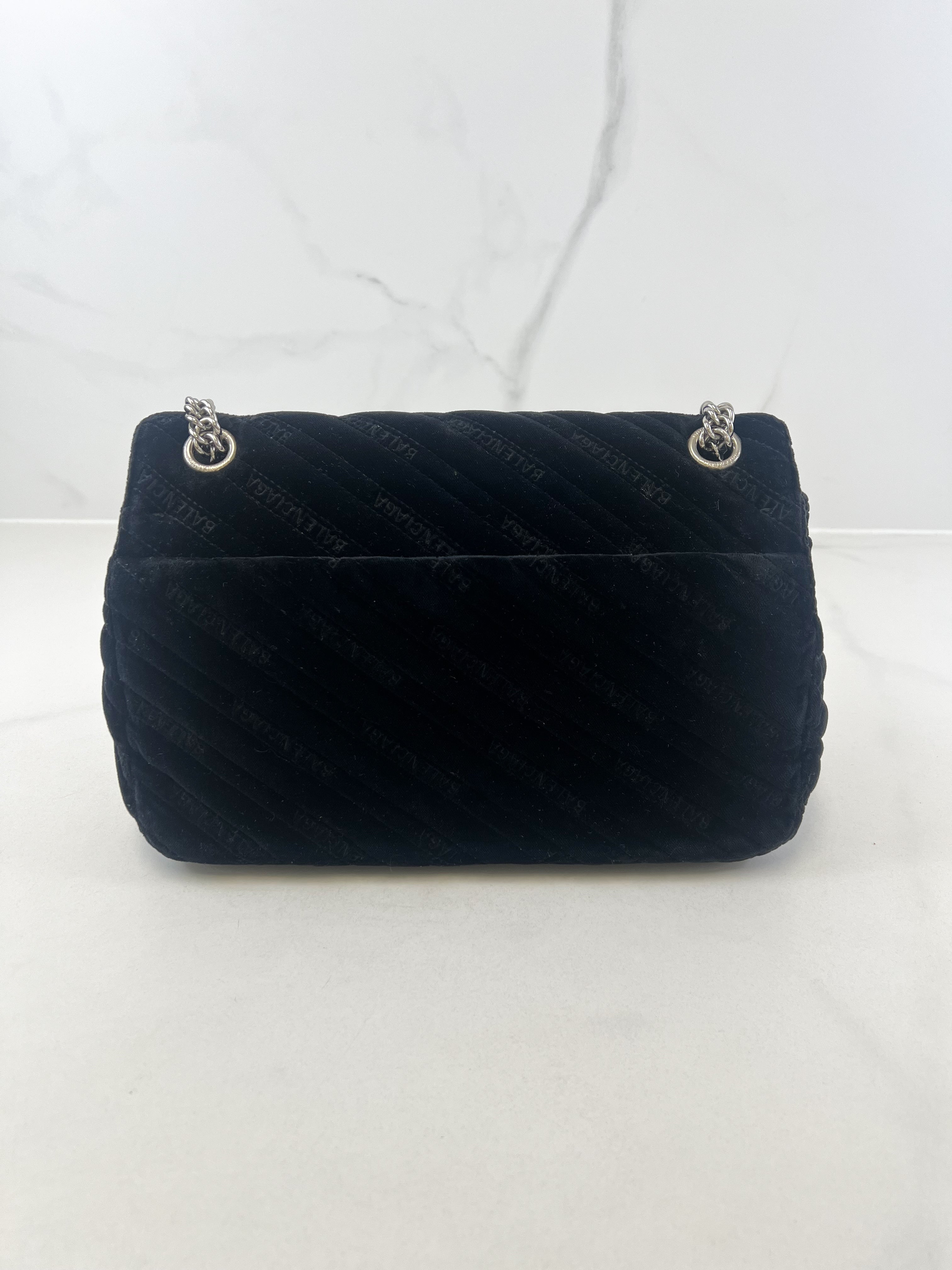 Balenciaga Black Logo Velvelt Shoulder Bag