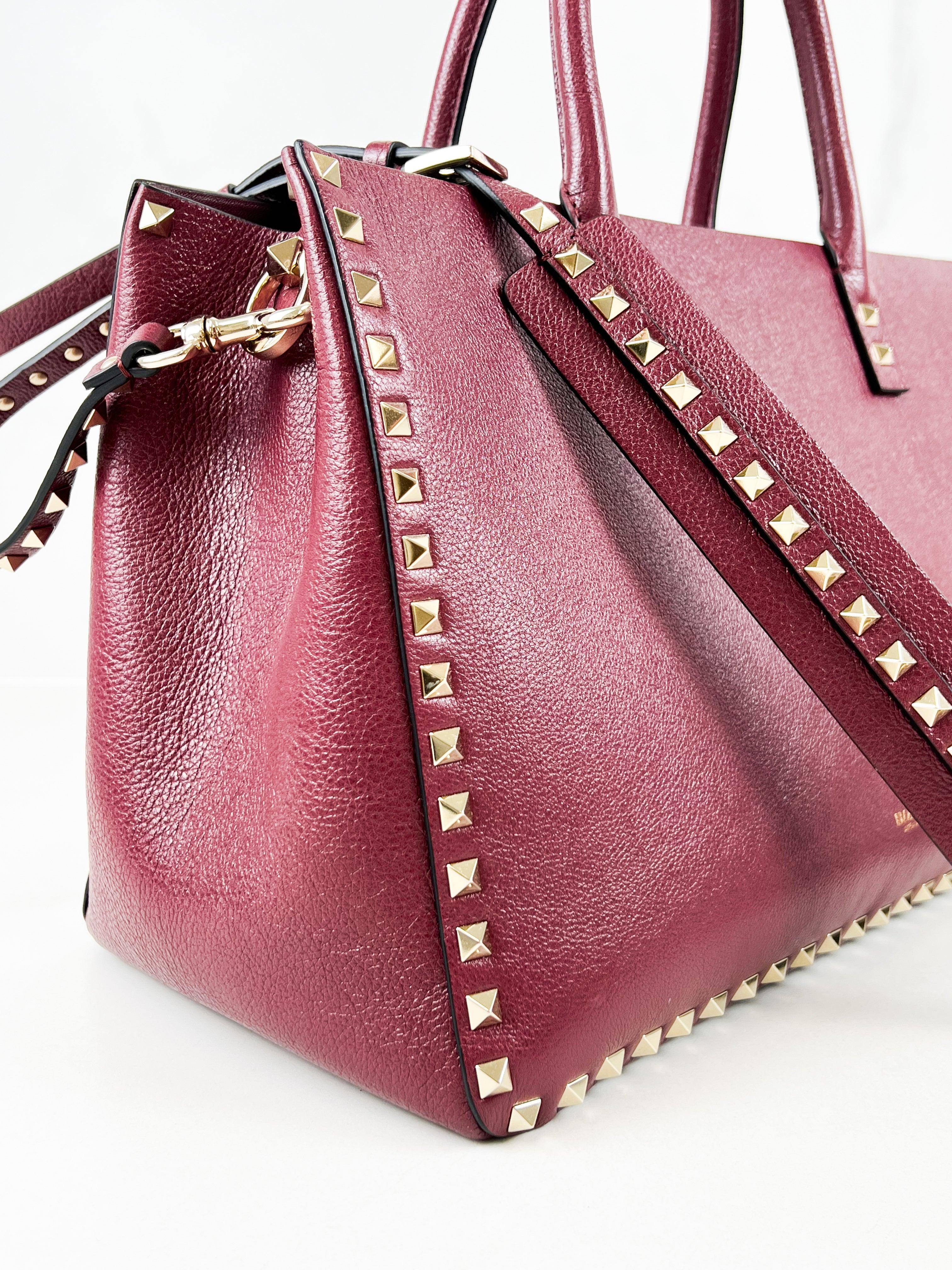 Valentino Garavani Burgundy Rockstud Leather Tote
