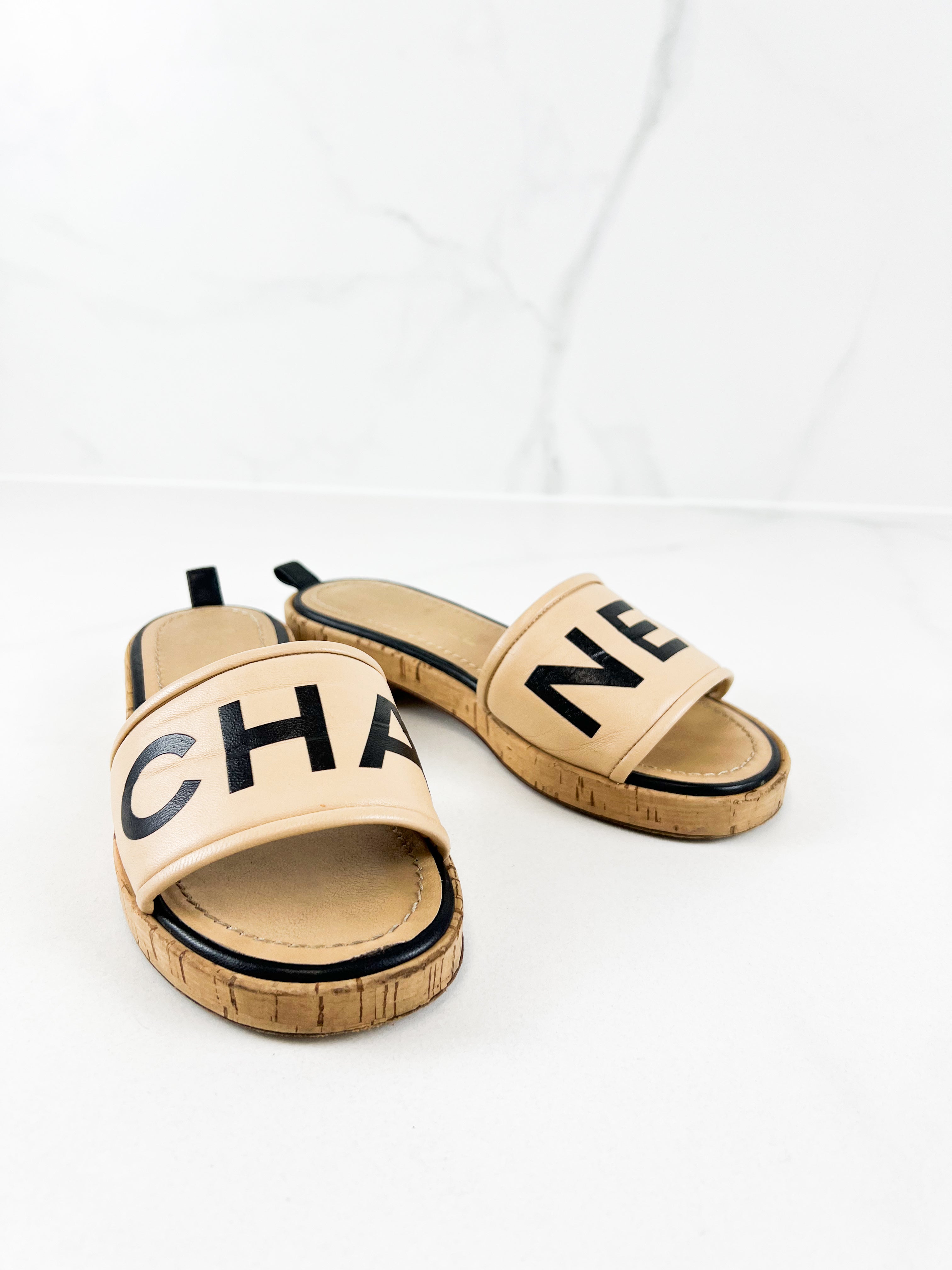 Chanel Beige Leather CC Cork Slide Sandal Size 36