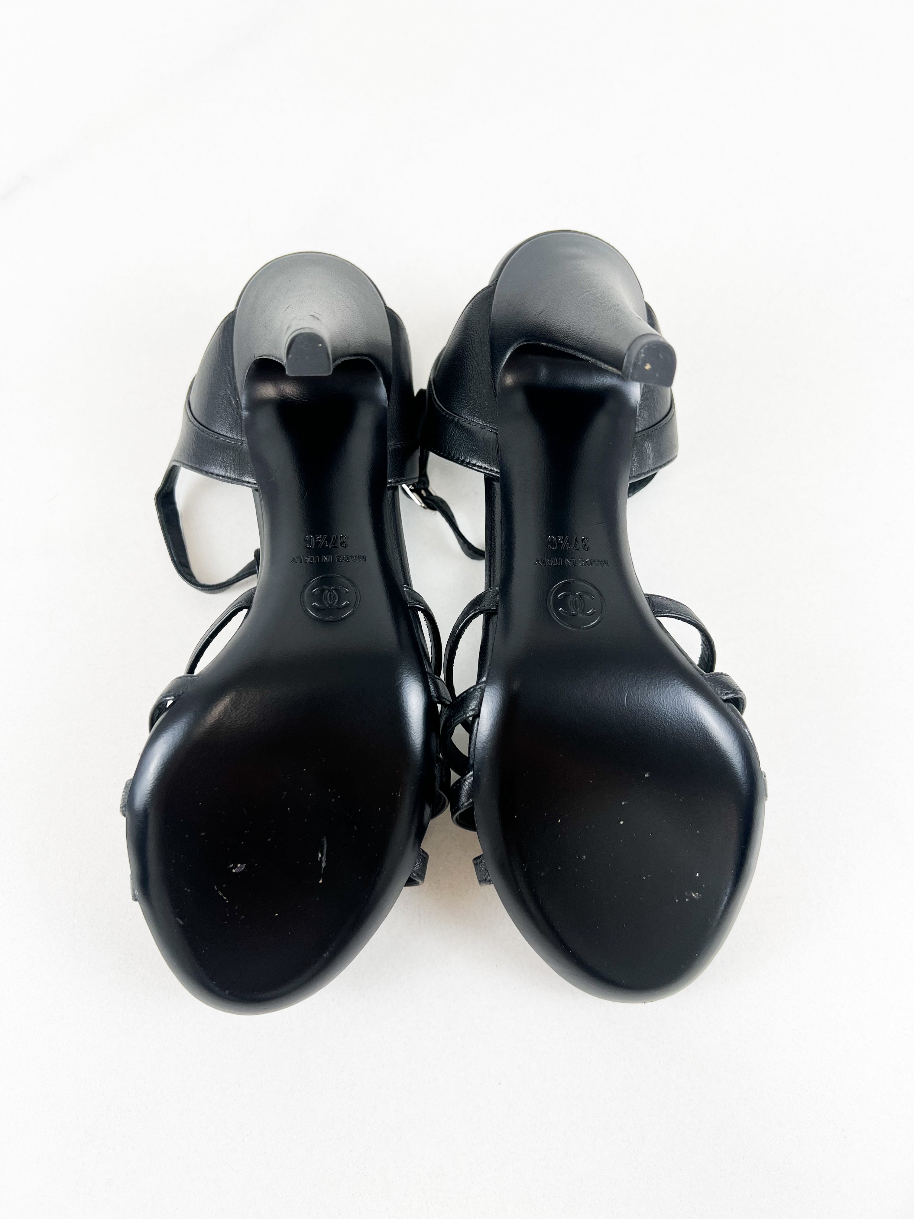 Chanel CC Black Leather Camellia Strappy Sandal