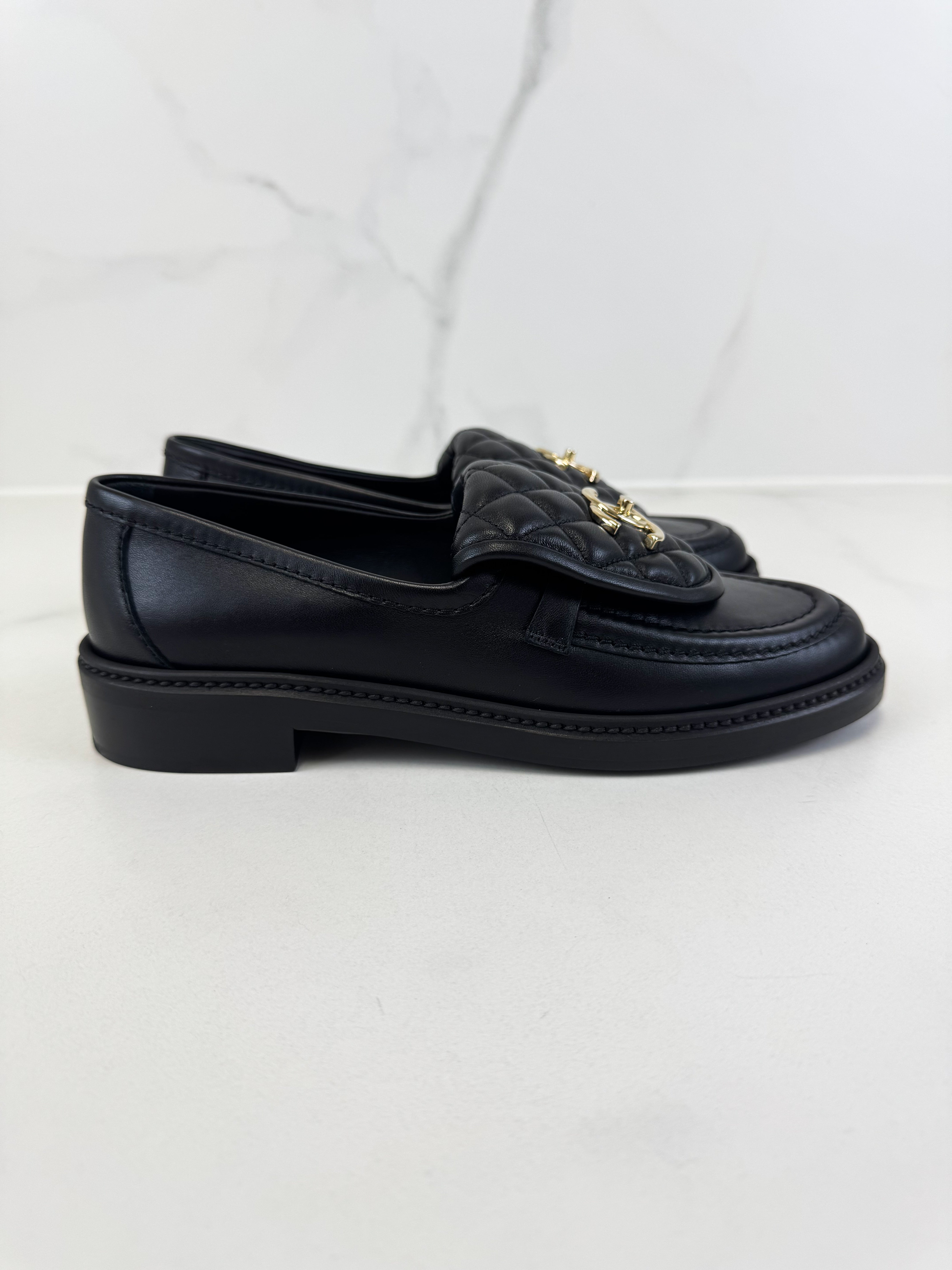 Chanel Black Quilted Turn Lock Loafer Size 37.5
