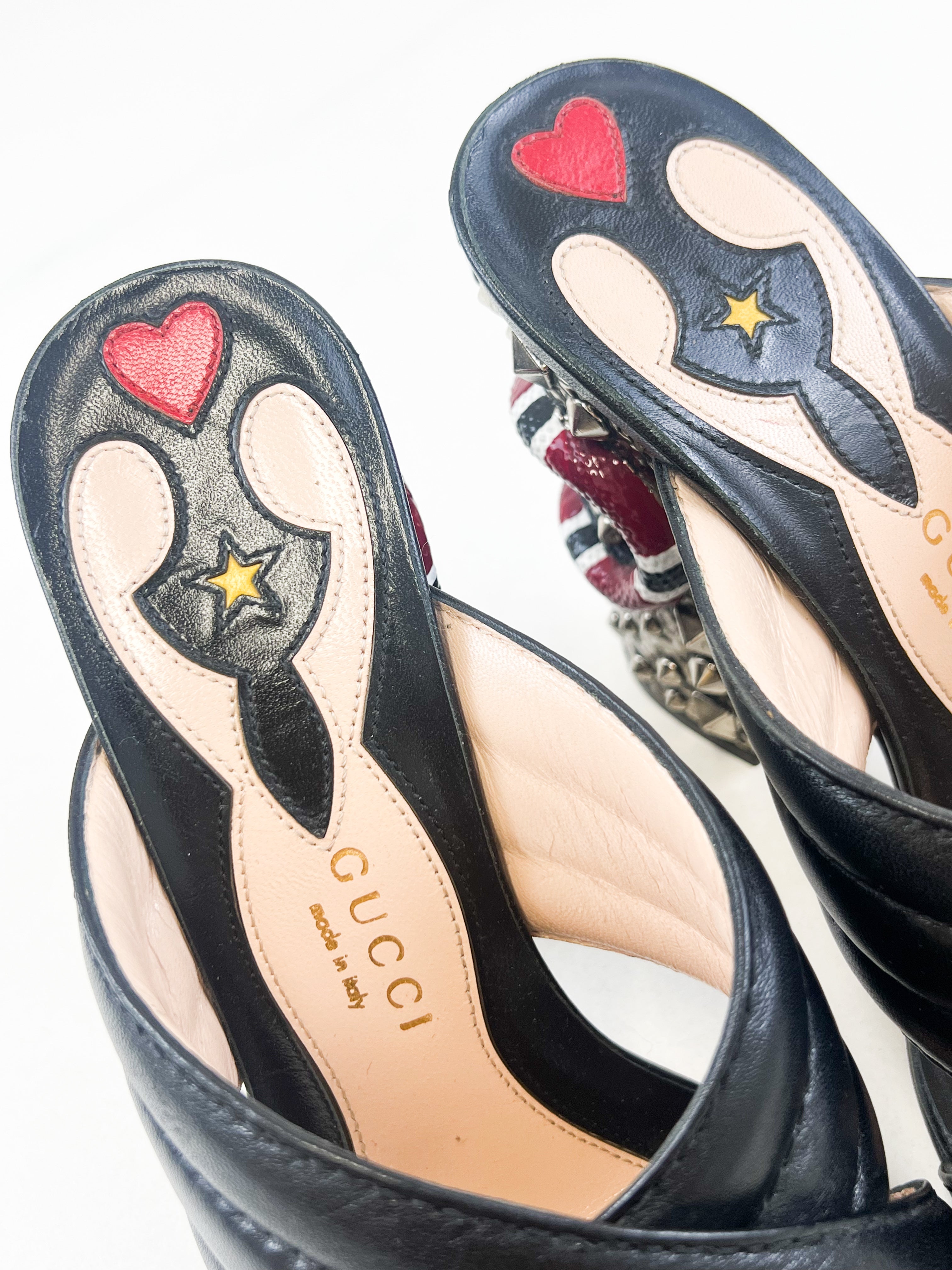 Gucci Webby Quilted Leather Snake Heel Mules Size 38