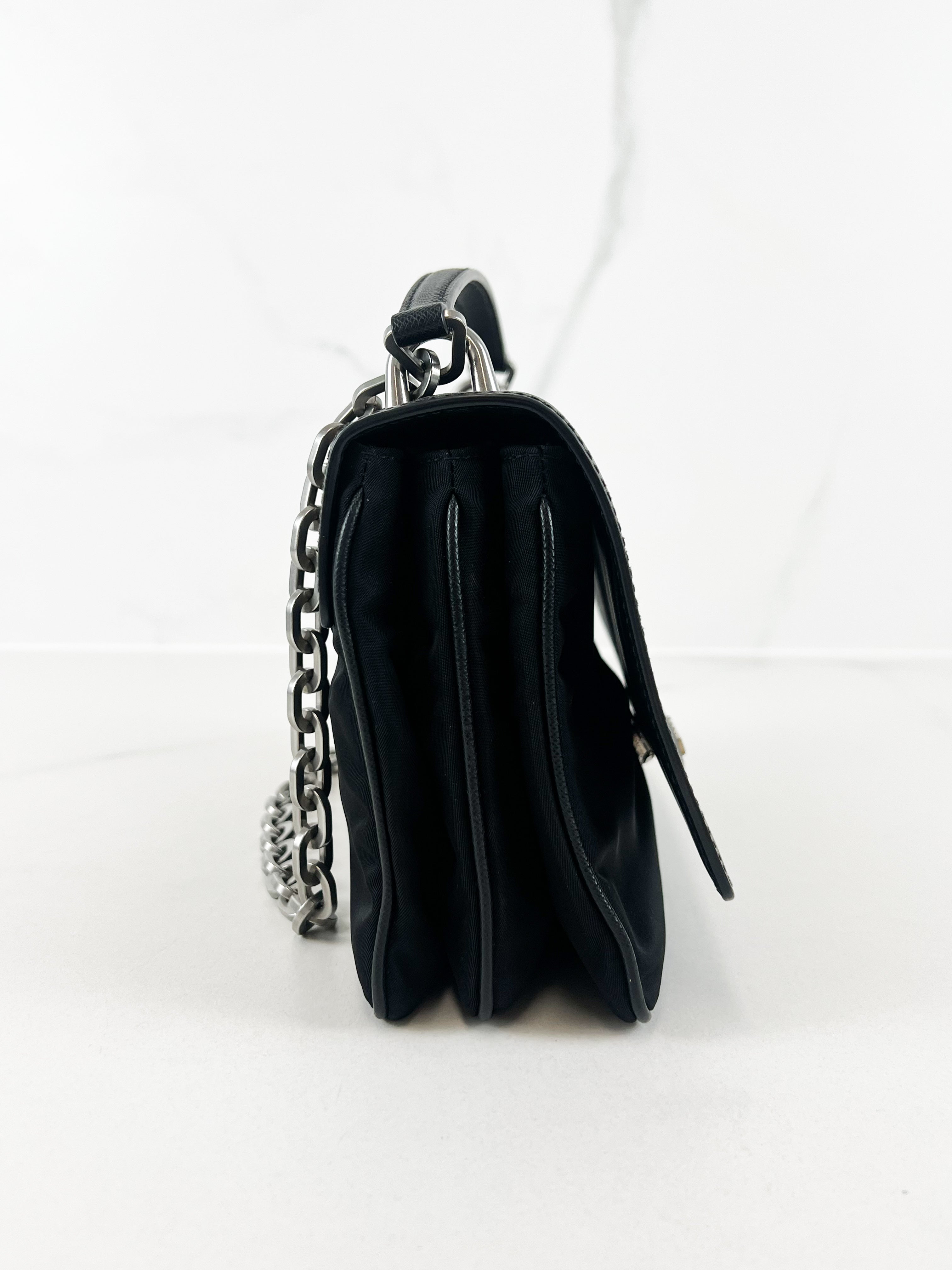 Prada Black Saffiano Leather/ Nylon Medium Chain Shoulder Bag