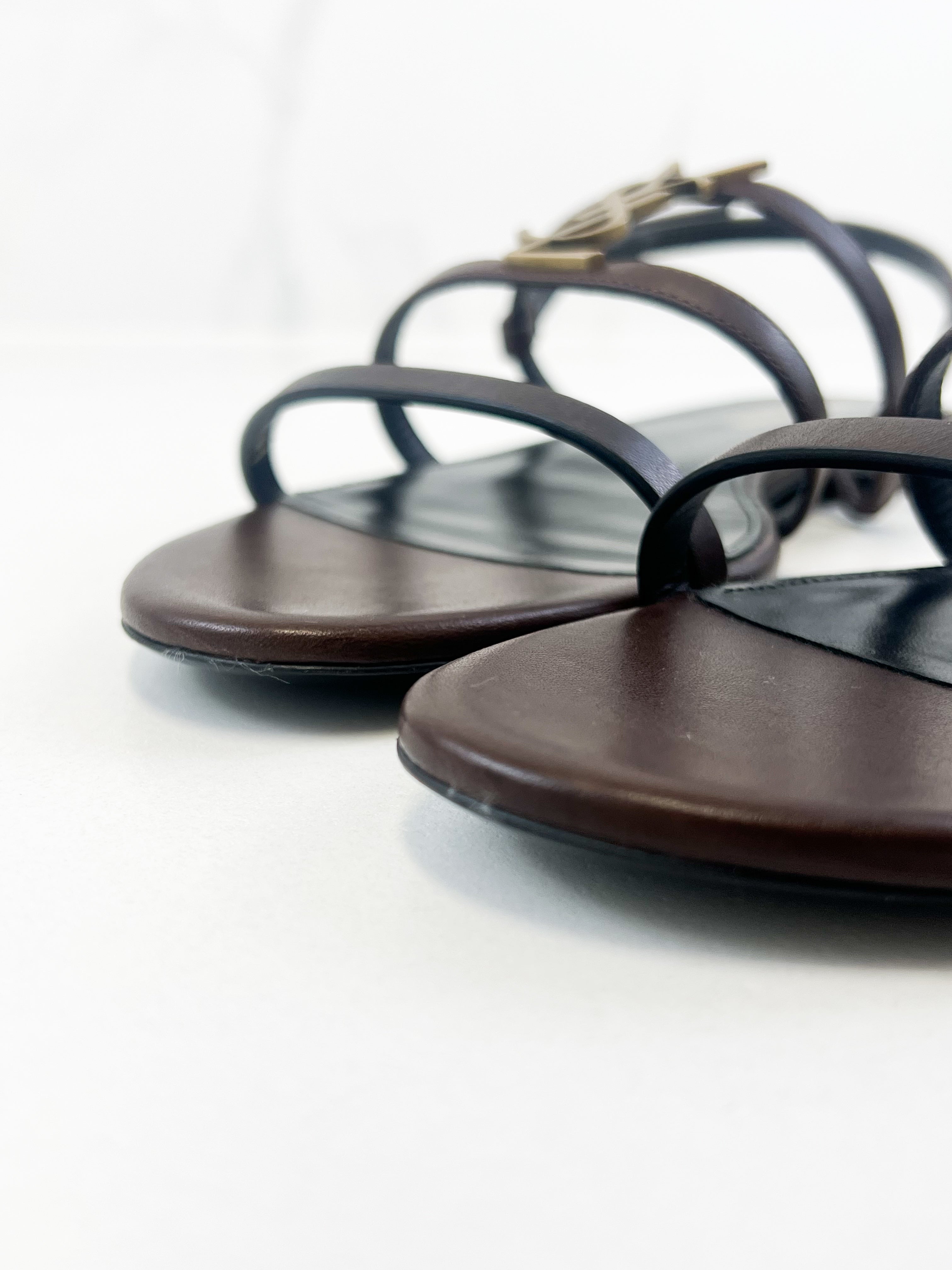 Saint Laurent Cassandra Flat Sandal in Chocolate Patent Leather Size 41