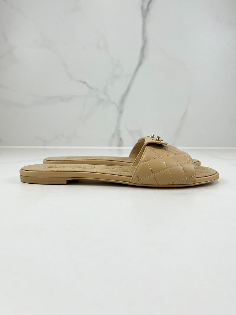 Chanel Beige Quilted Leather Slides Size 41
