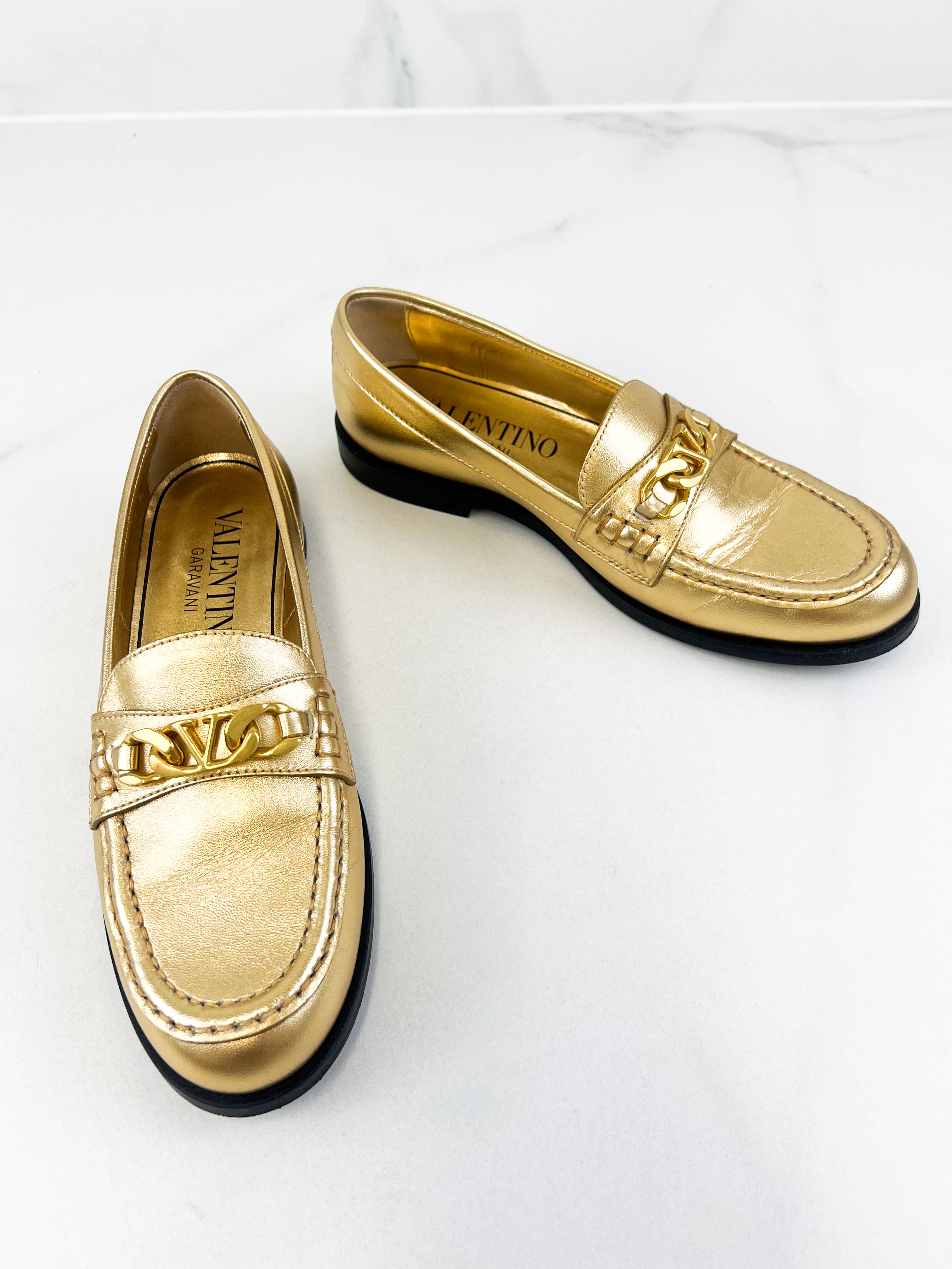 Valentino Logo Loafer in Metallic Gold with GHW Size 38