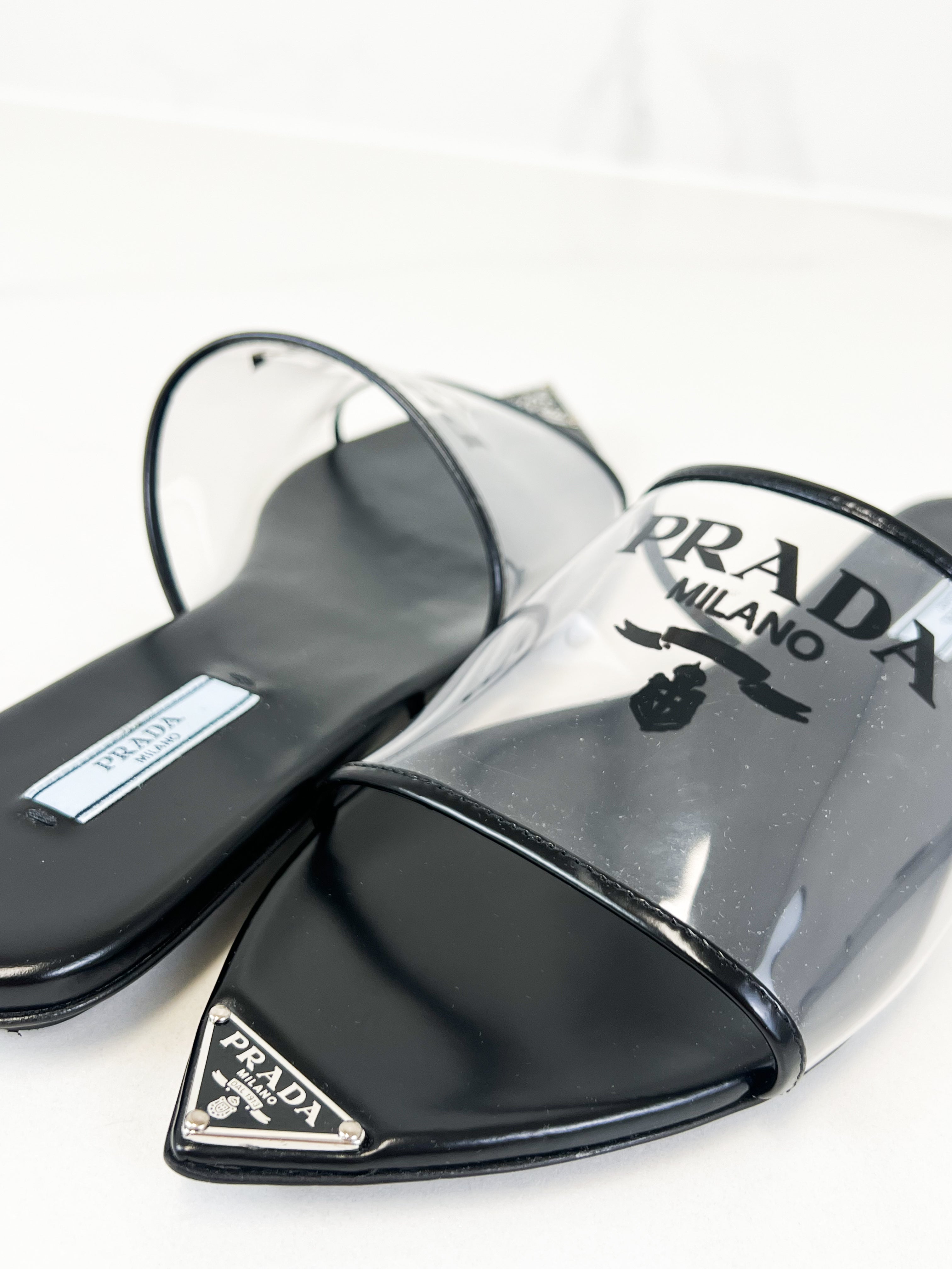 Prada Logo Print Plexiglass Flat Mule Size 37.5