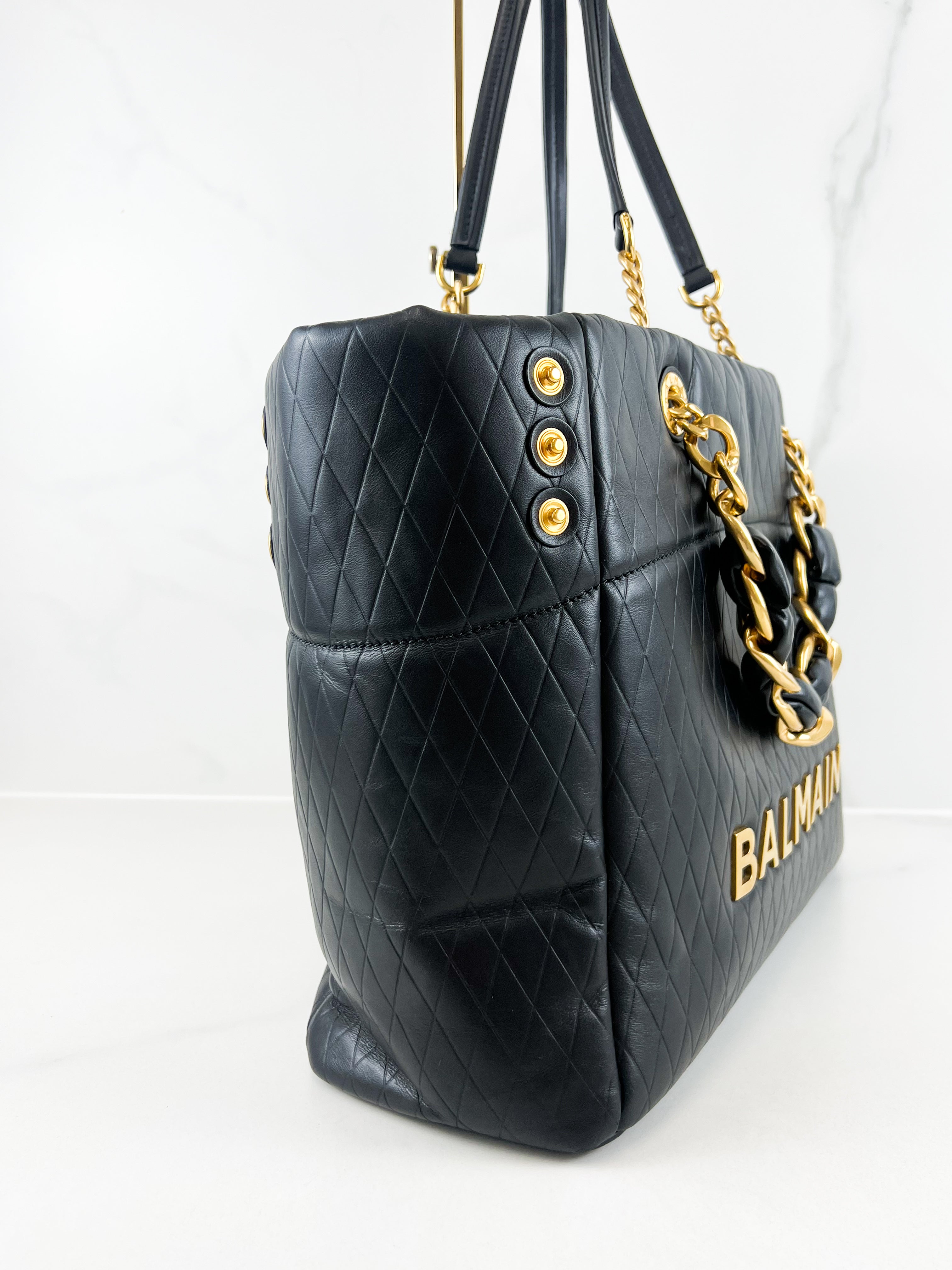 Balmain Soft Leather Tote Bag in Black Calf Leather with Gold-Tone Hardware