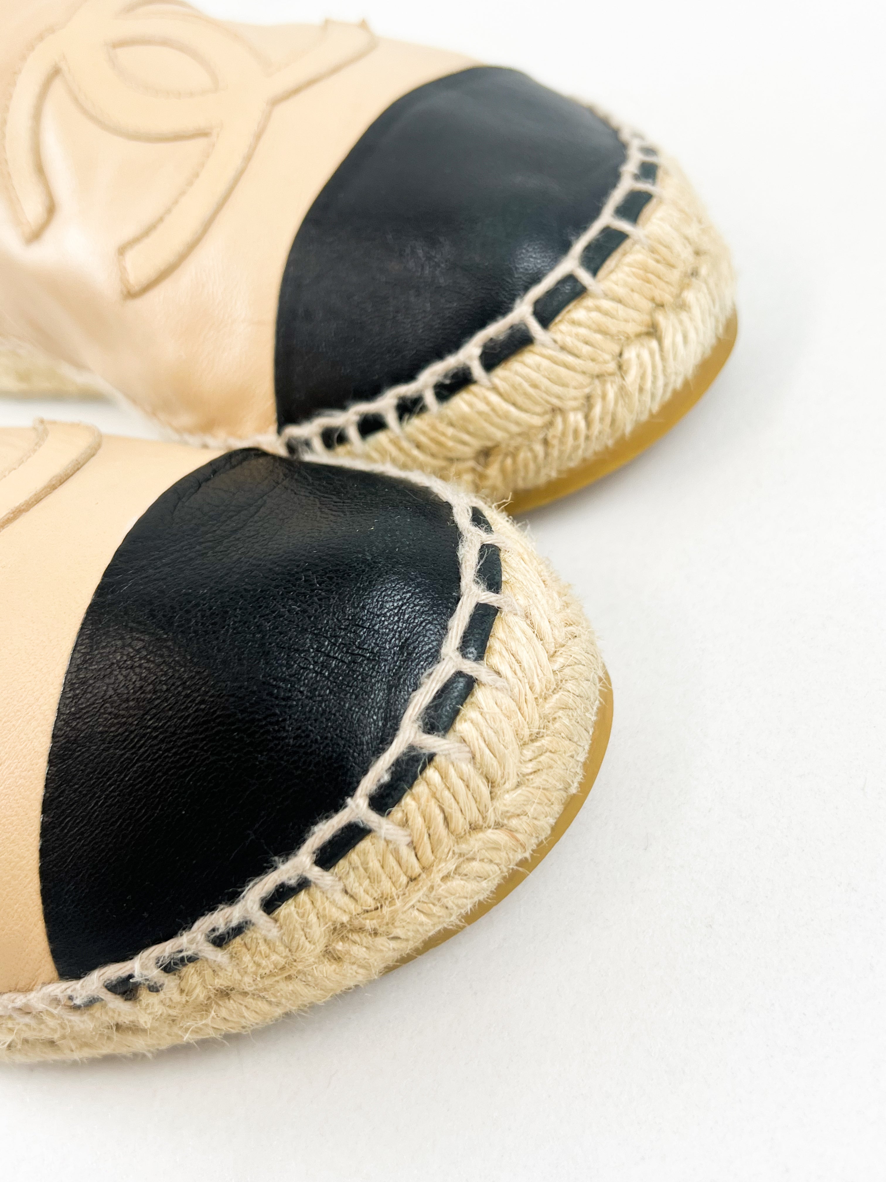 Chanel CC Logo Black & Beige Leather Espadrilles Size 39